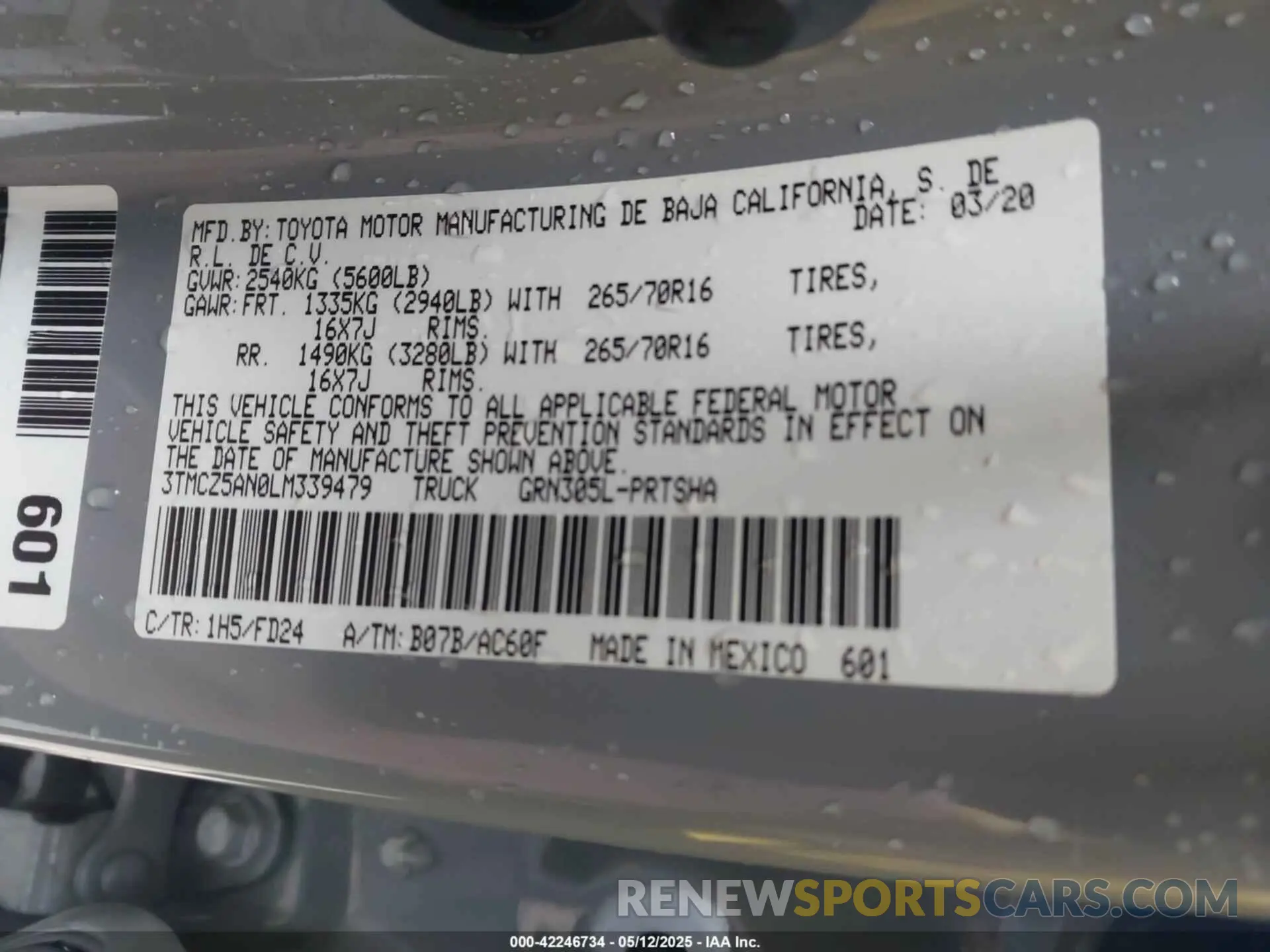 9 fotografías del automóvil dañado 3TMCZ5AN0LM339479 TOYOTA TACOMA 2020