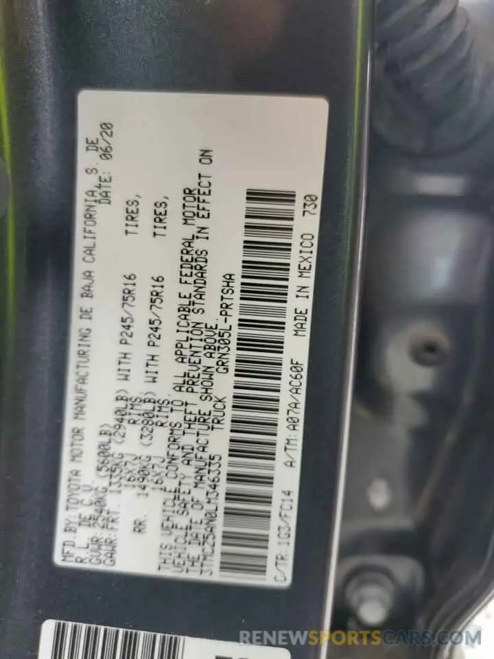 13 fotografías del automóvil dañado 3TMCZ5AN0LM346335 TOYOTA TACOMA 2020