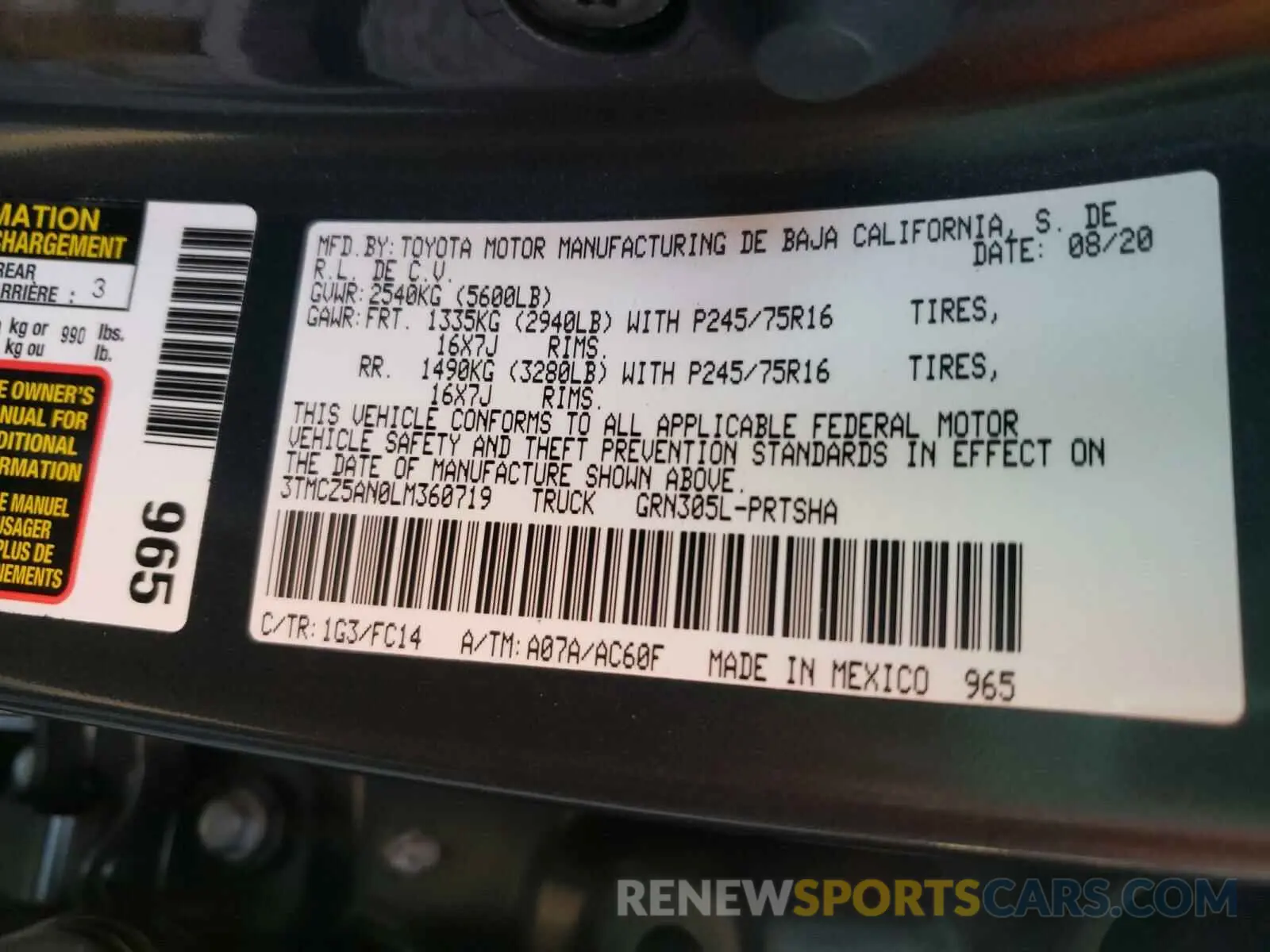 10 fotografías del automóvil dañado 3TMCZ5AN0LM360719 TOYOTA TACOMA 2020