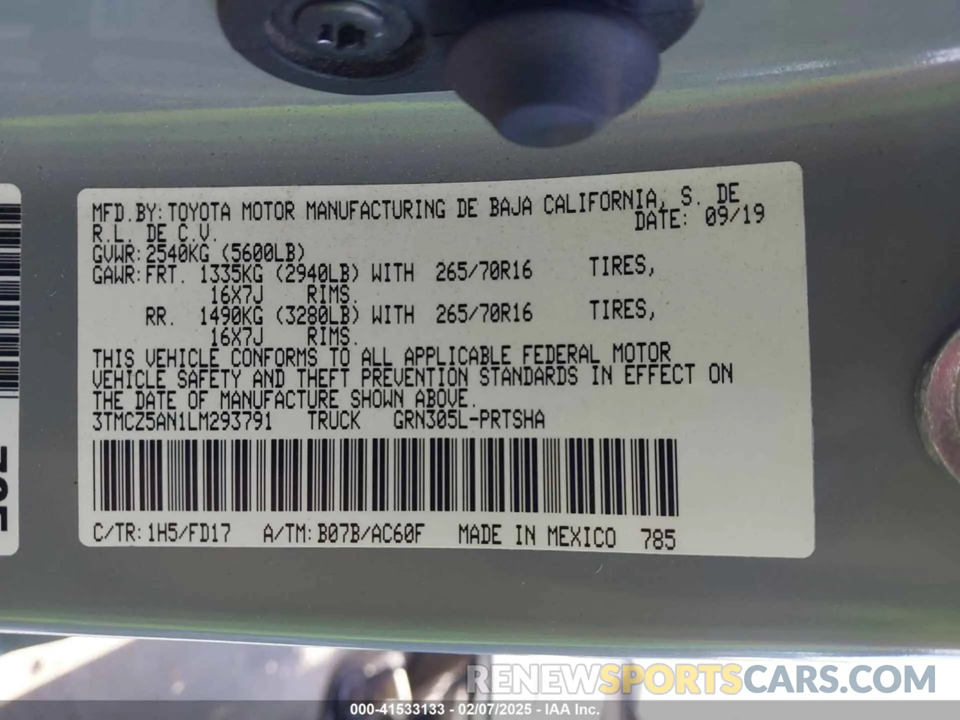 9 fotografías del automóvil dañado 3TMCZ5AN1LM293791 TOYOTA TACOMA 2020