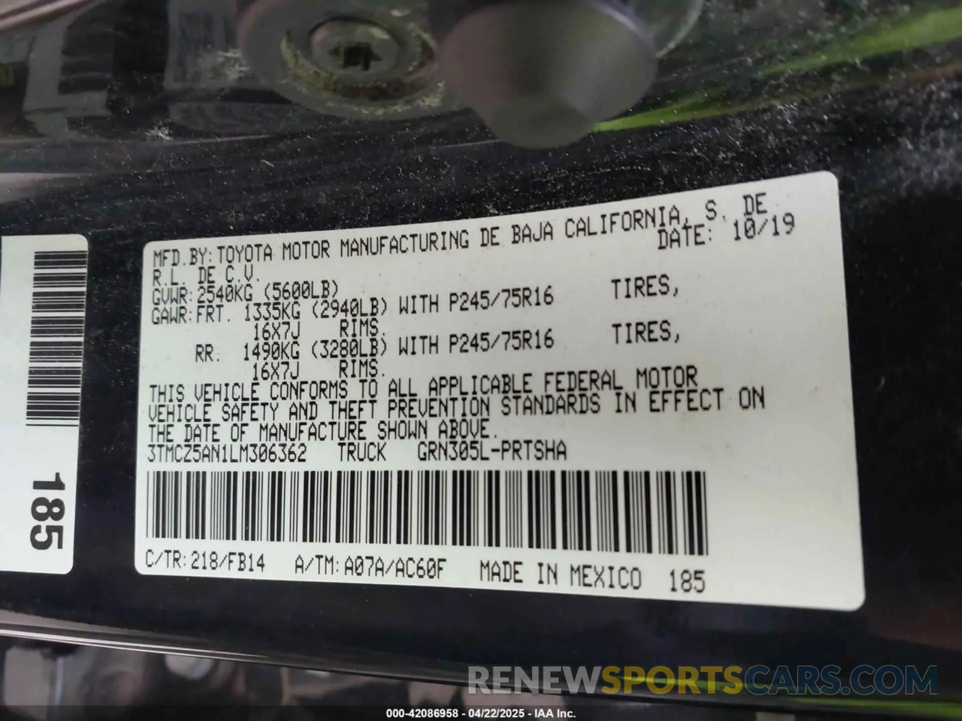 9 fotografías del automóvil dañado 3TMCZ5AN1LM306362 TOYOTA TACOMA 2020