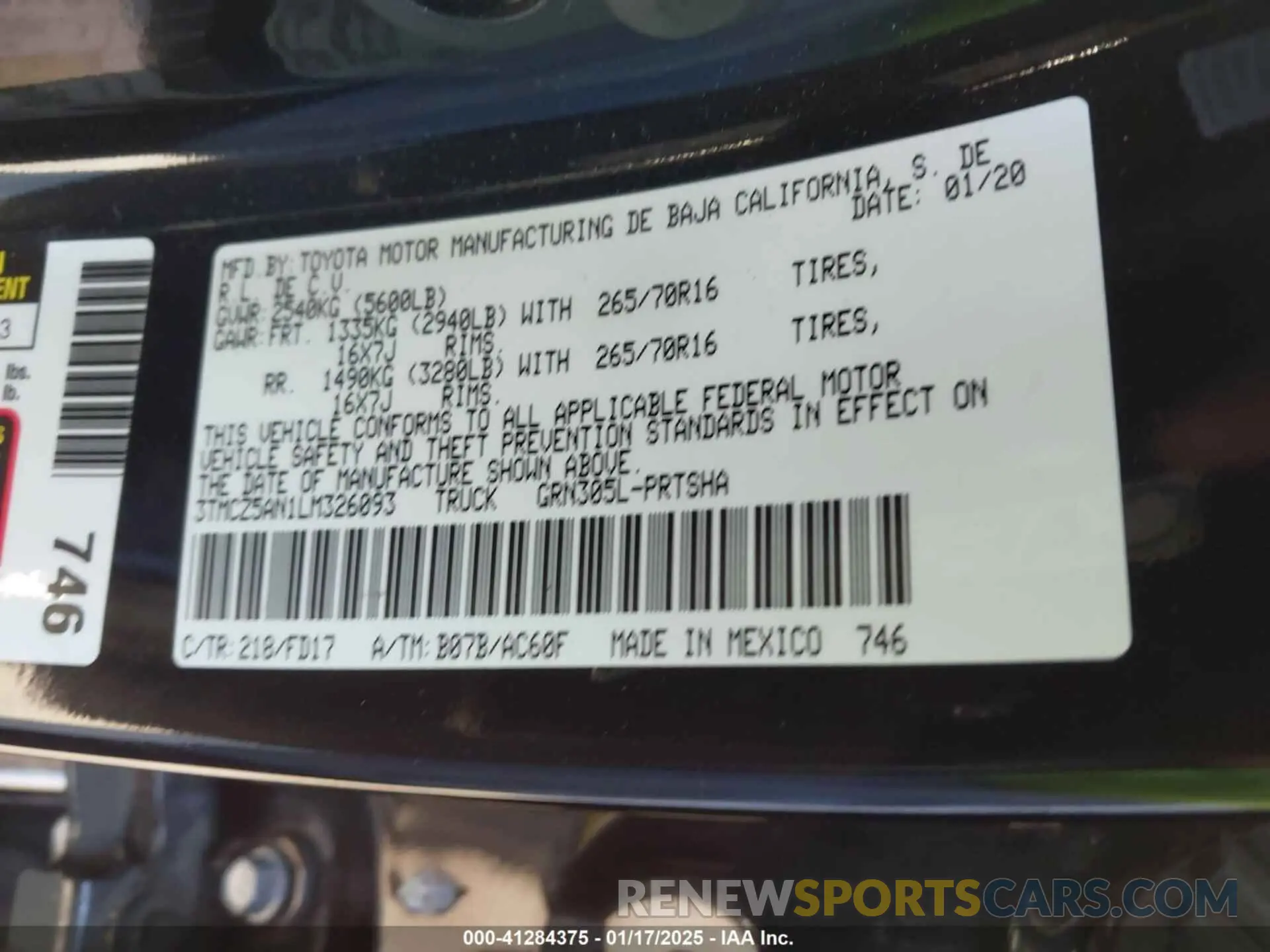 9 fotografías del automóvil dañado 3TMCZ5AN1LM326093 TOYOTA TACOMA 2020