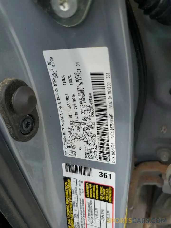 12 fotografías del automóvil dañado 3TMCZ5AN1LM326465 TOYOTA TACOMA 2020