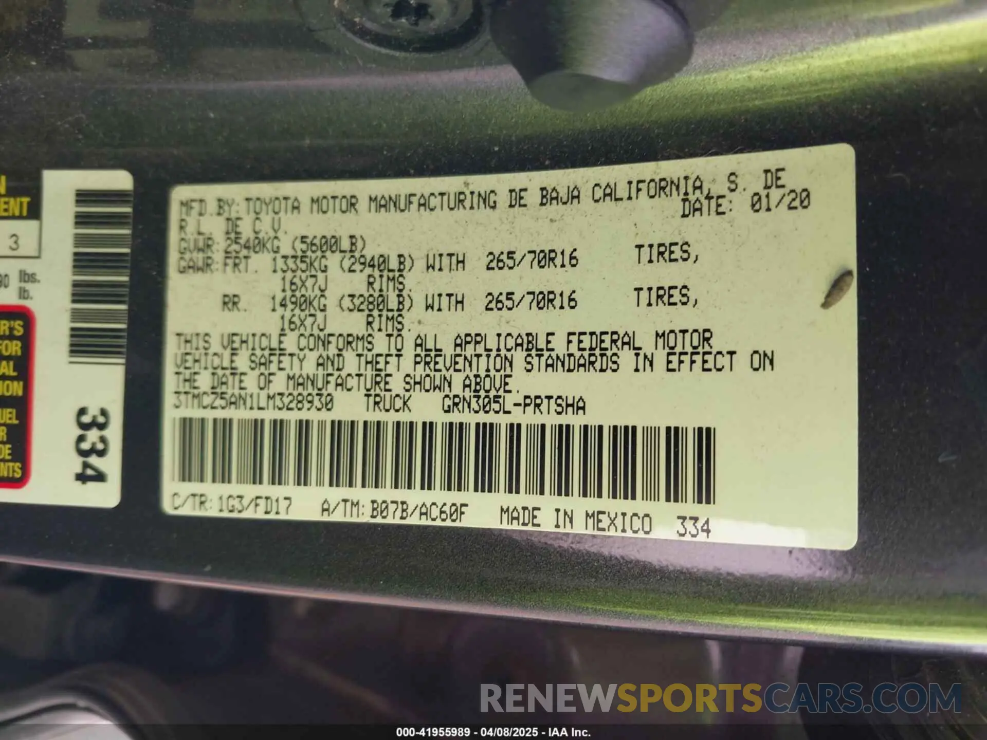 9 fotografías del automóvil dañado 3TMCZ5AN1LM328930 TOYOTA TACOMA 2020