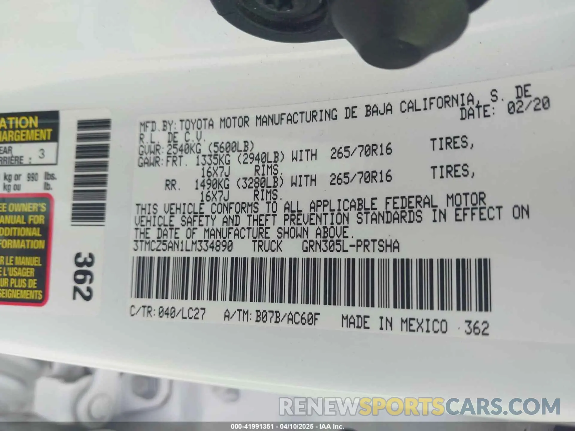 9 fotografías del automóvil dañado 3TMCZ5AN1LM334890 TOYOTA TACOMA 2020