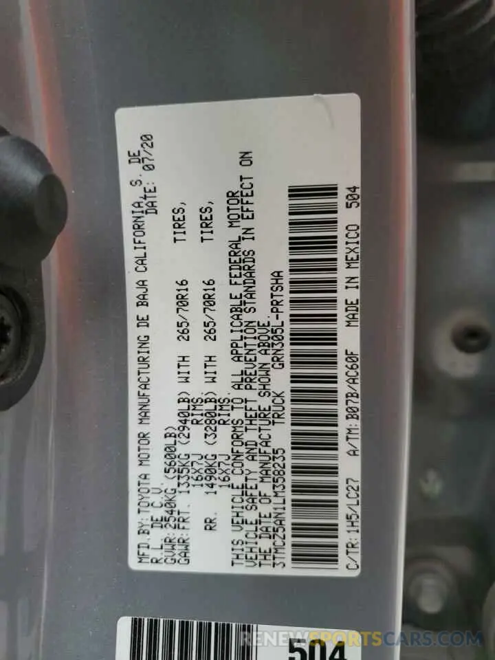 12 fotografías del automóvil dañado 3TMCZ5AN1LM358235 TOYOTA TACOMA 2020