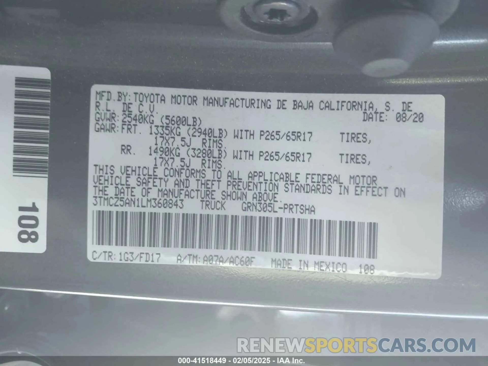 9 fotografías del automóvil dañado 3TMCZ5AN1LM360843 TOYOTA TACOMA 2020