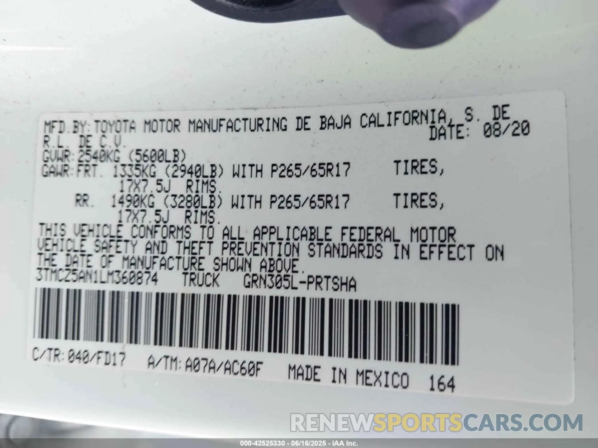 9 fotografías del automóvil dañado 3TMCZ5AN1LM360874 TOYOTA TACOMA 2020