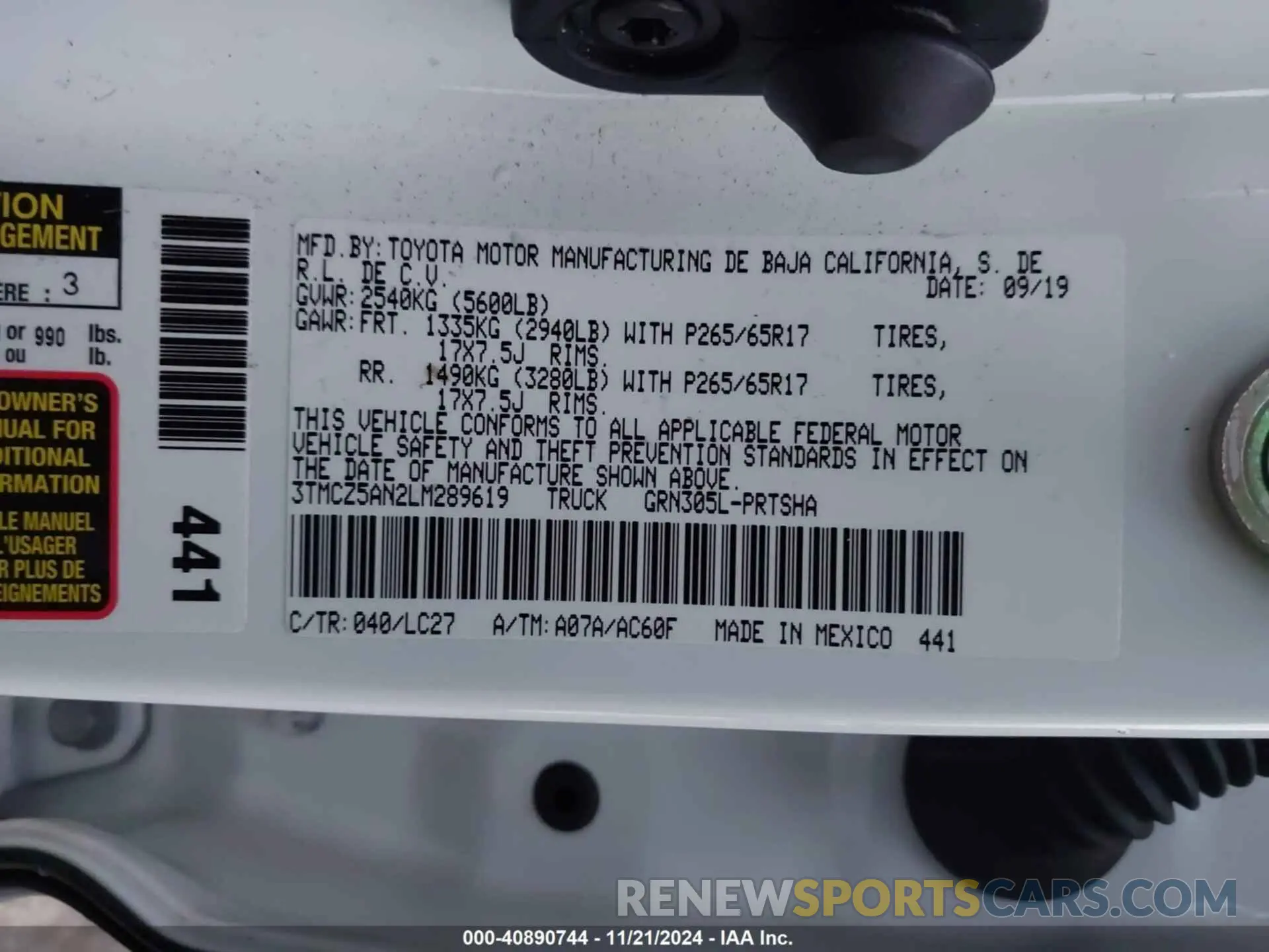 9 fotografías del automóvil dañado 3TMCZ5AN2LM289619 TOYOTA TACOMA 2020