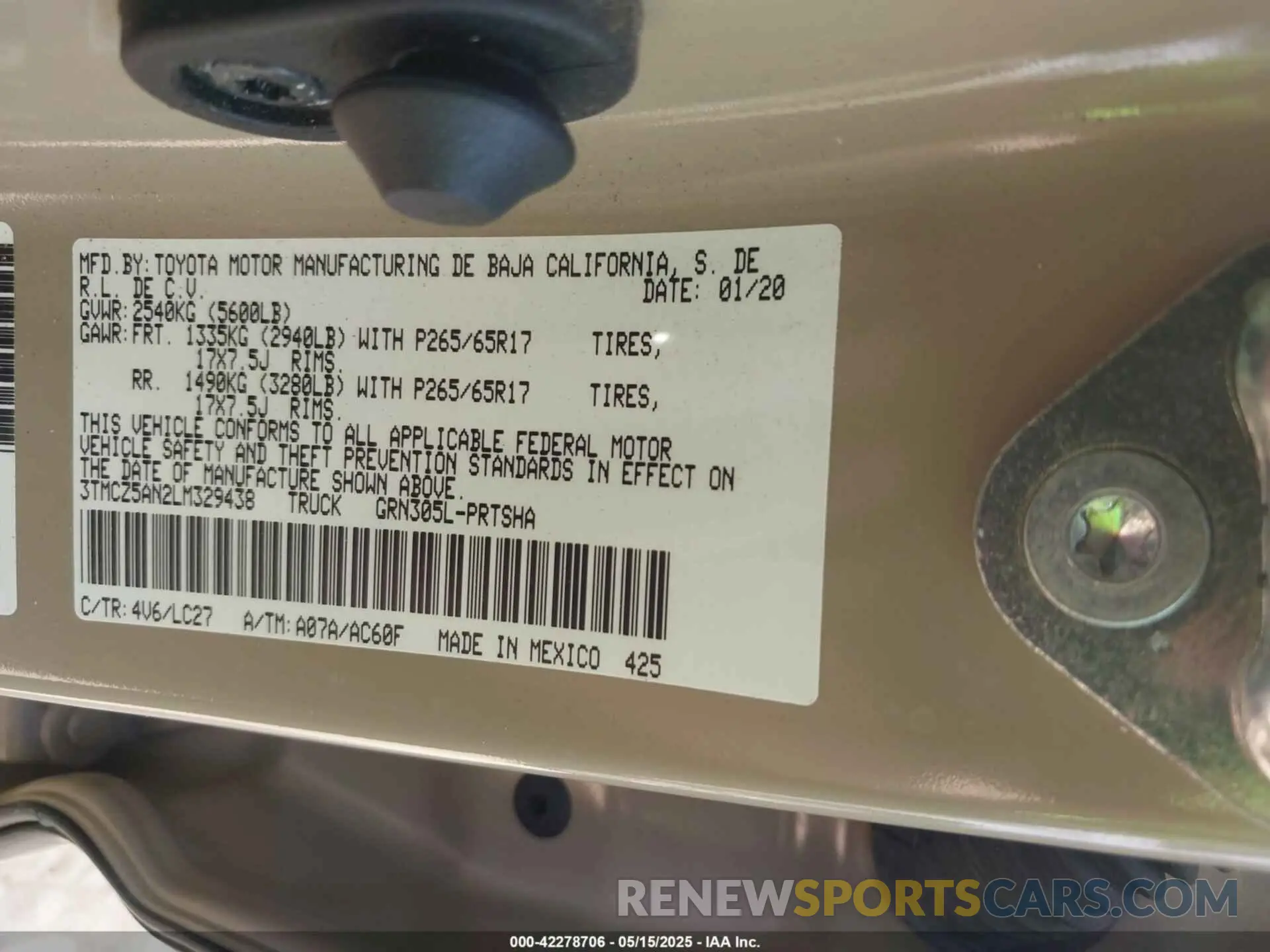 9 fotografías del automóvil dañado 3TMCZ5AN2LM329438 TOYOTA TACOMA 2020