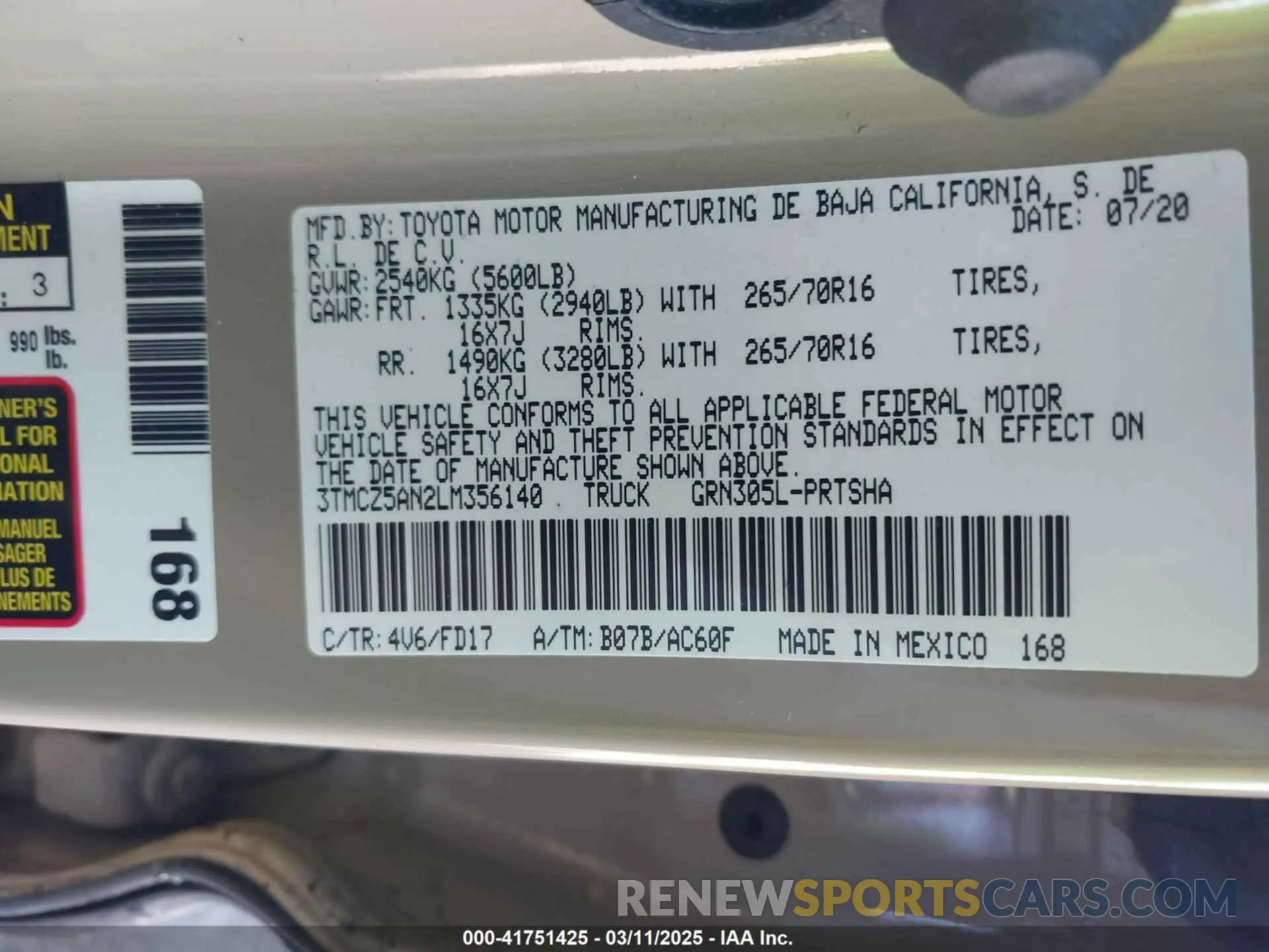 9 fotografías del automóvil dañado 3TMCZ5AN2LM356140 TOYOTA TACOMA 2020