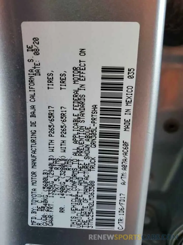 12 fotografías del automóvil dañado 3TMCZ5AN2LM363508 TOYOTA TACOMA 2020