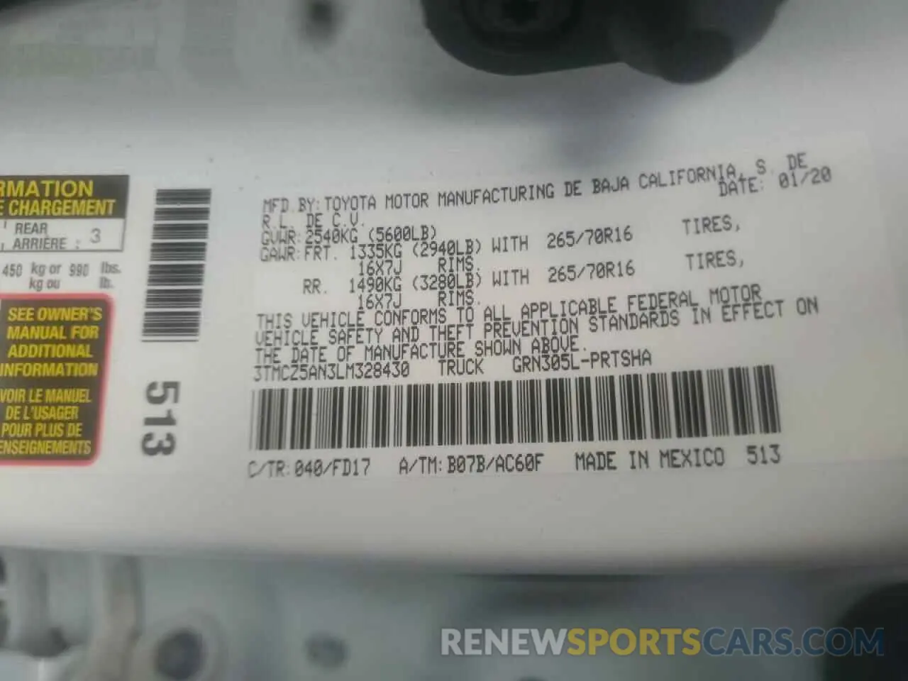 10 fotografías del automóvil dañado 3TMCZ5AN3LM328430 TOYOTA TACOMA 2020