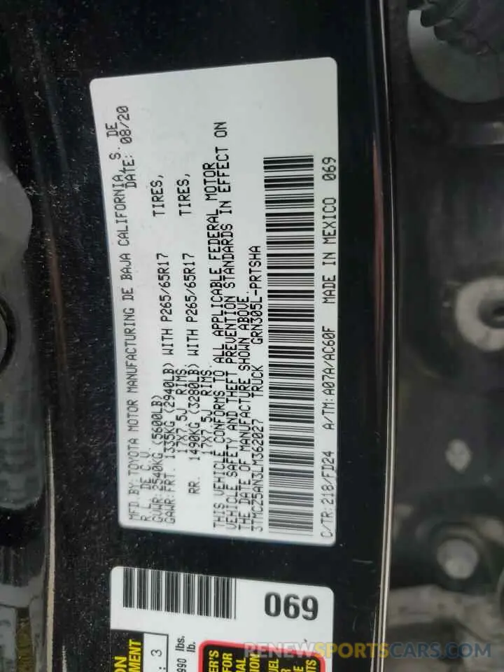 13 fotografías del automóvil dañado 3TMCZ5AN3LM362027 TOYOTA TACOMA 2020