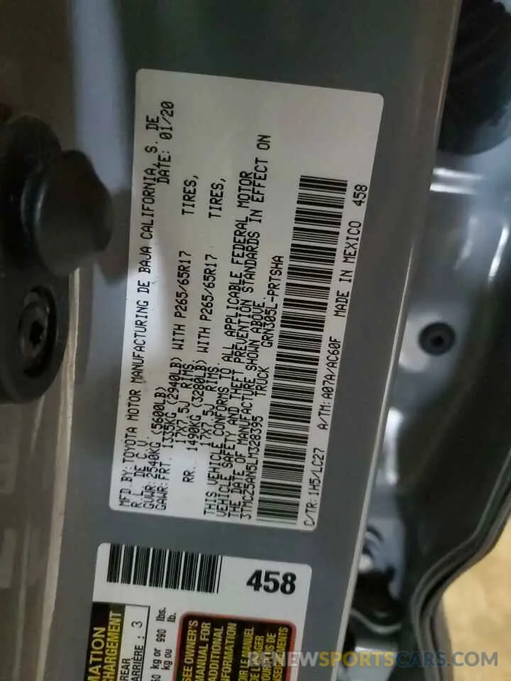 12 fotografías del automóvil dañado 3TMCZ5AN5LM328395 TOYOTA TACOMA 2020