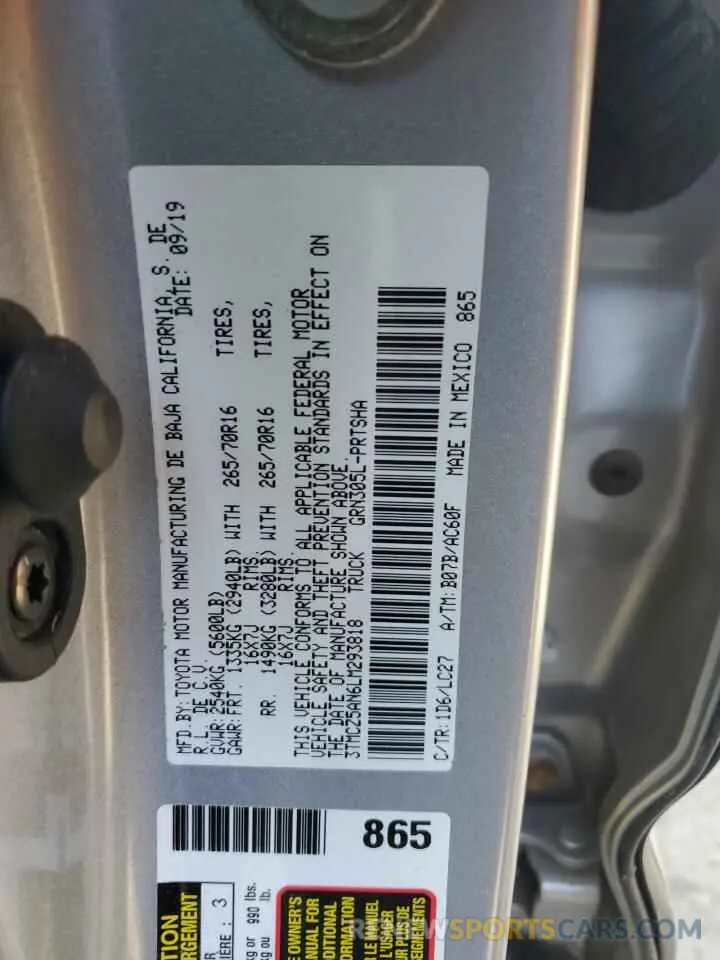 12 fotografías del automóvil dañado 3TMCZ5AN6LM293818 TOYOTA TACOMA 2020