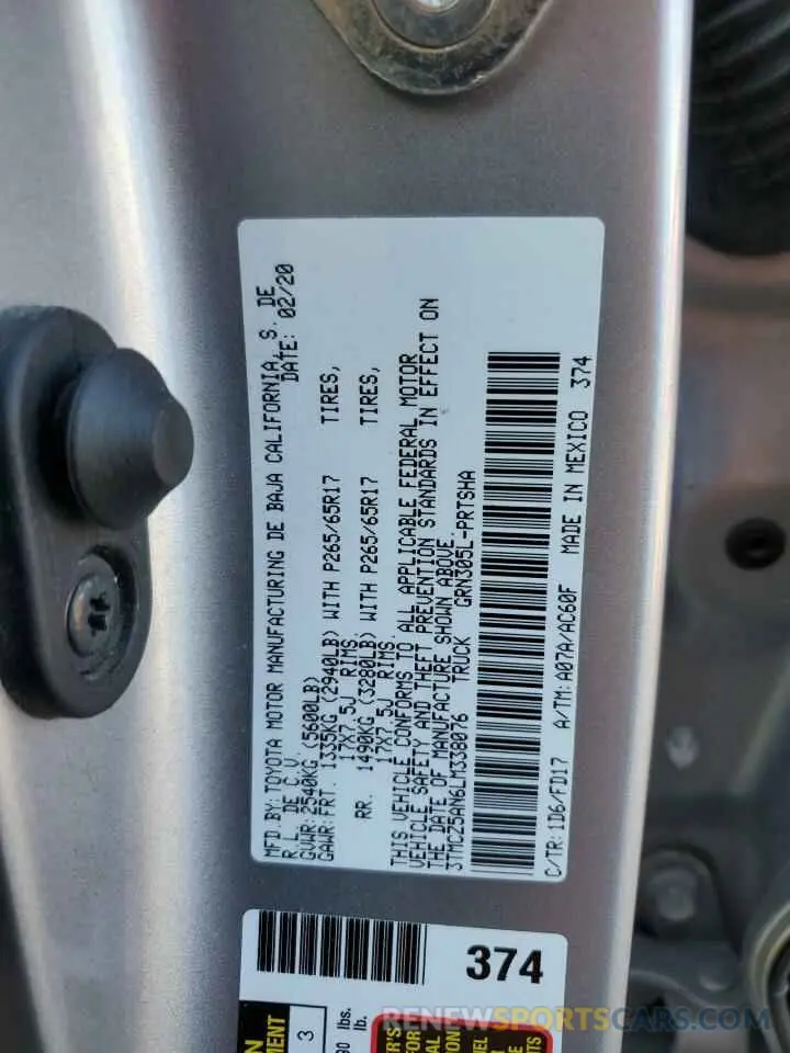 12 fotografías del automóvil dañado 3TMCZ5AN6LM338076 TOYOTA TACOMA 2020