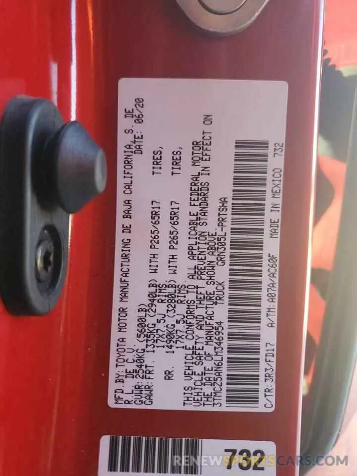 10 fotografías del automóvil dañado 3TMCZ5AN6LM346954 TOYOTA TACOMA 2020