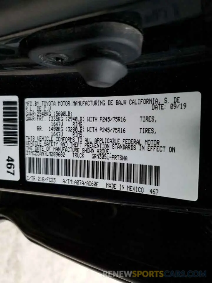 12 fotografías del automóvil dañado 3TMCZ5AN7LM289602 TOYOTA TACOMA 2020