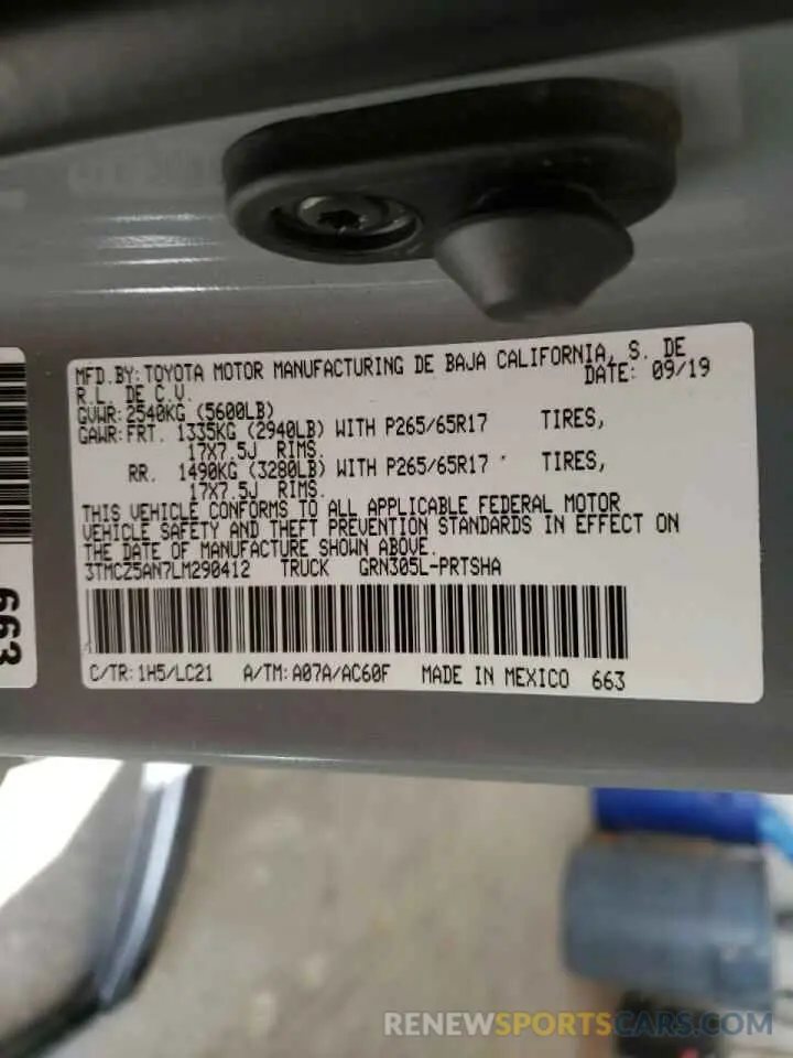 10 fotografías del automóvil dañado 3TMCZ5AN7LM290412 TOYOTA TACOMA 2020