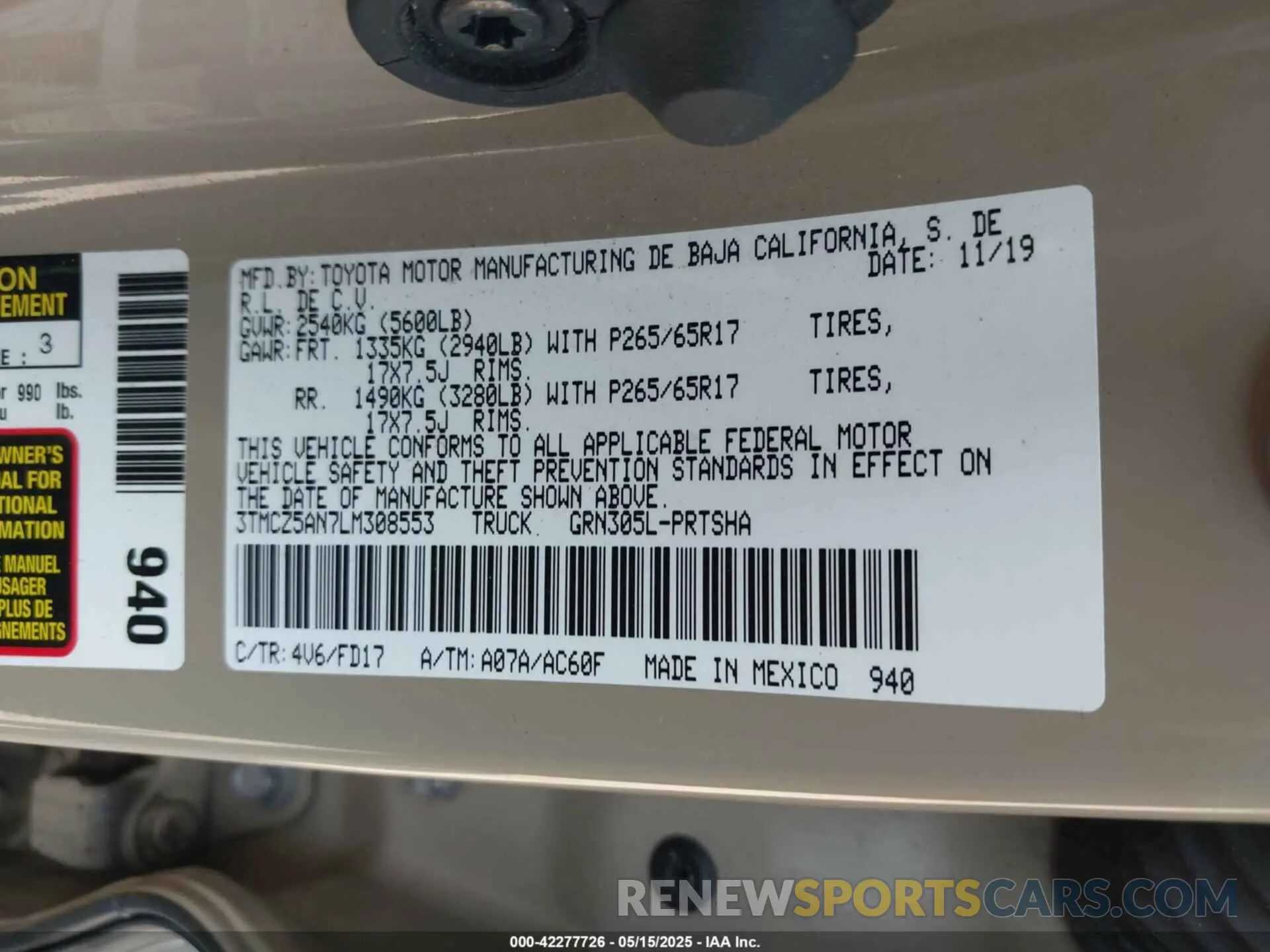 9 fotografías del automóvil dañado 3TMCZ5AN7LM308553 TOYOTA TACOMA 2020