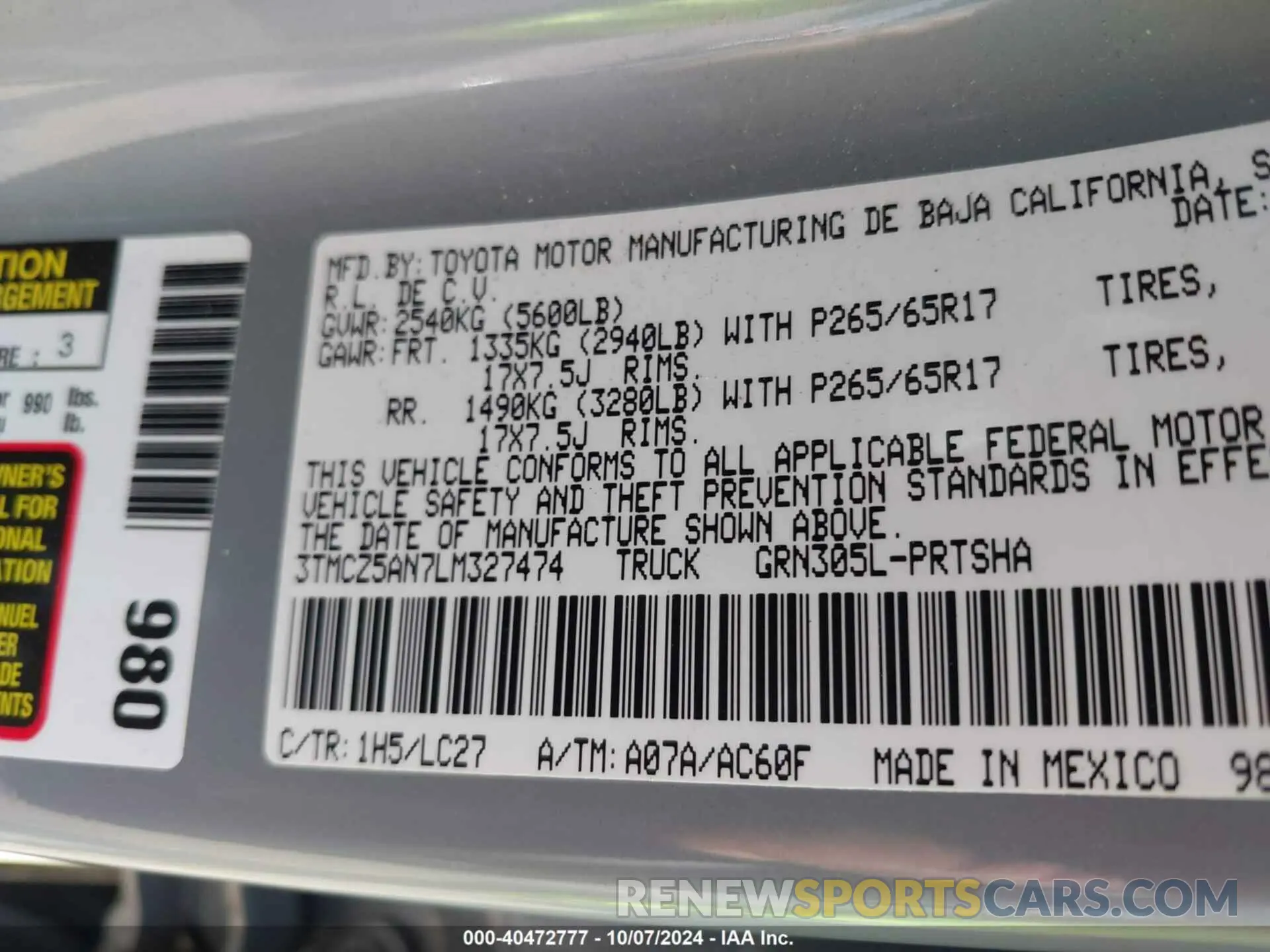 9 fotografías del automóvil dañado 3TMCZ5AN7LM327474 TOYOTA TACOMA 2020