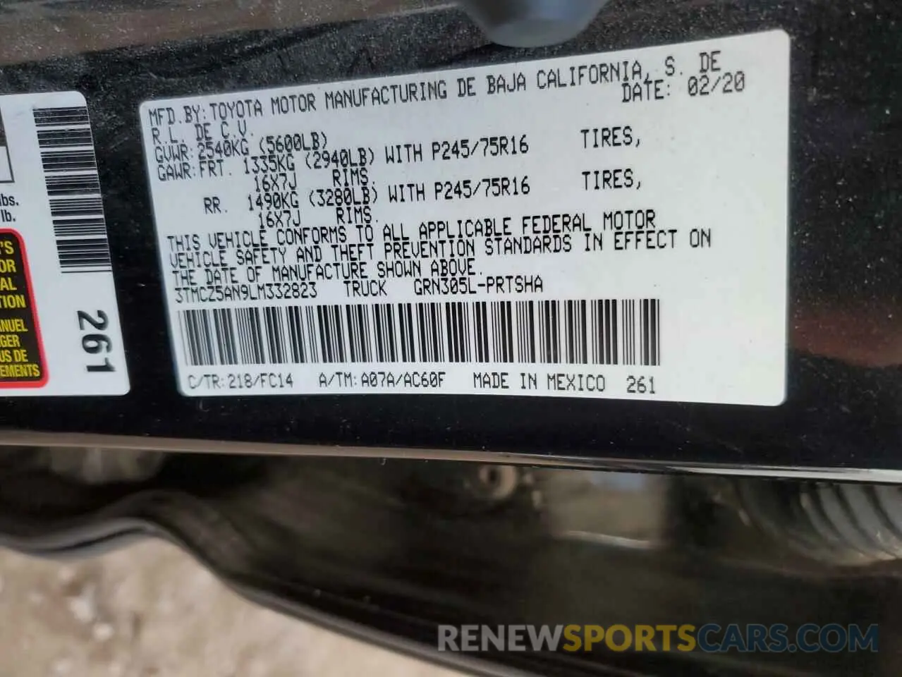 13 fotografías del automóvil dañado 3TMCZ5AN9LM332823 TOYOTA TACOMA 2020