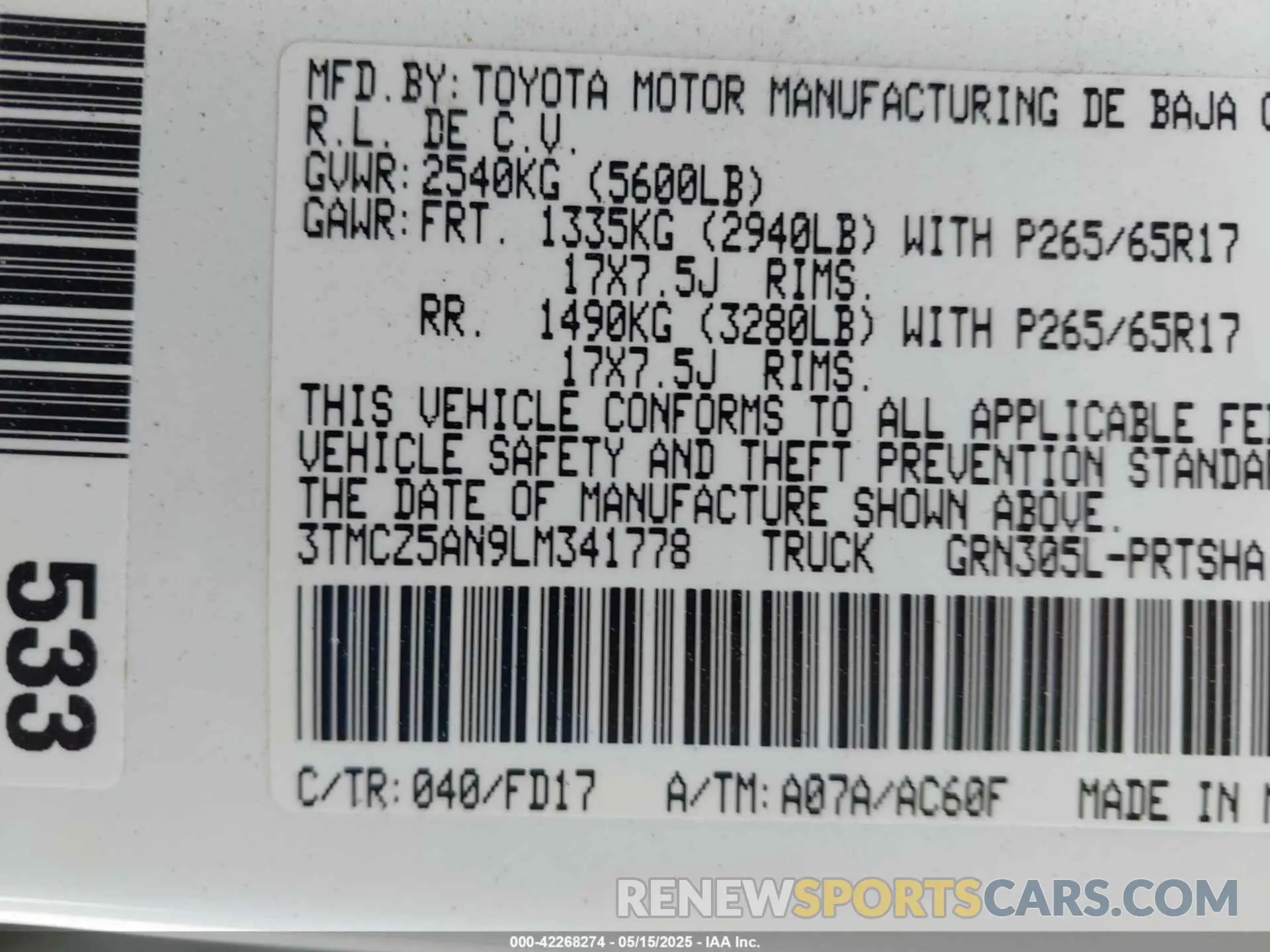 9 fotografías del automóvil dañado 3TMCZ5AN9LM341778 TOYOTA TACOMA 2020