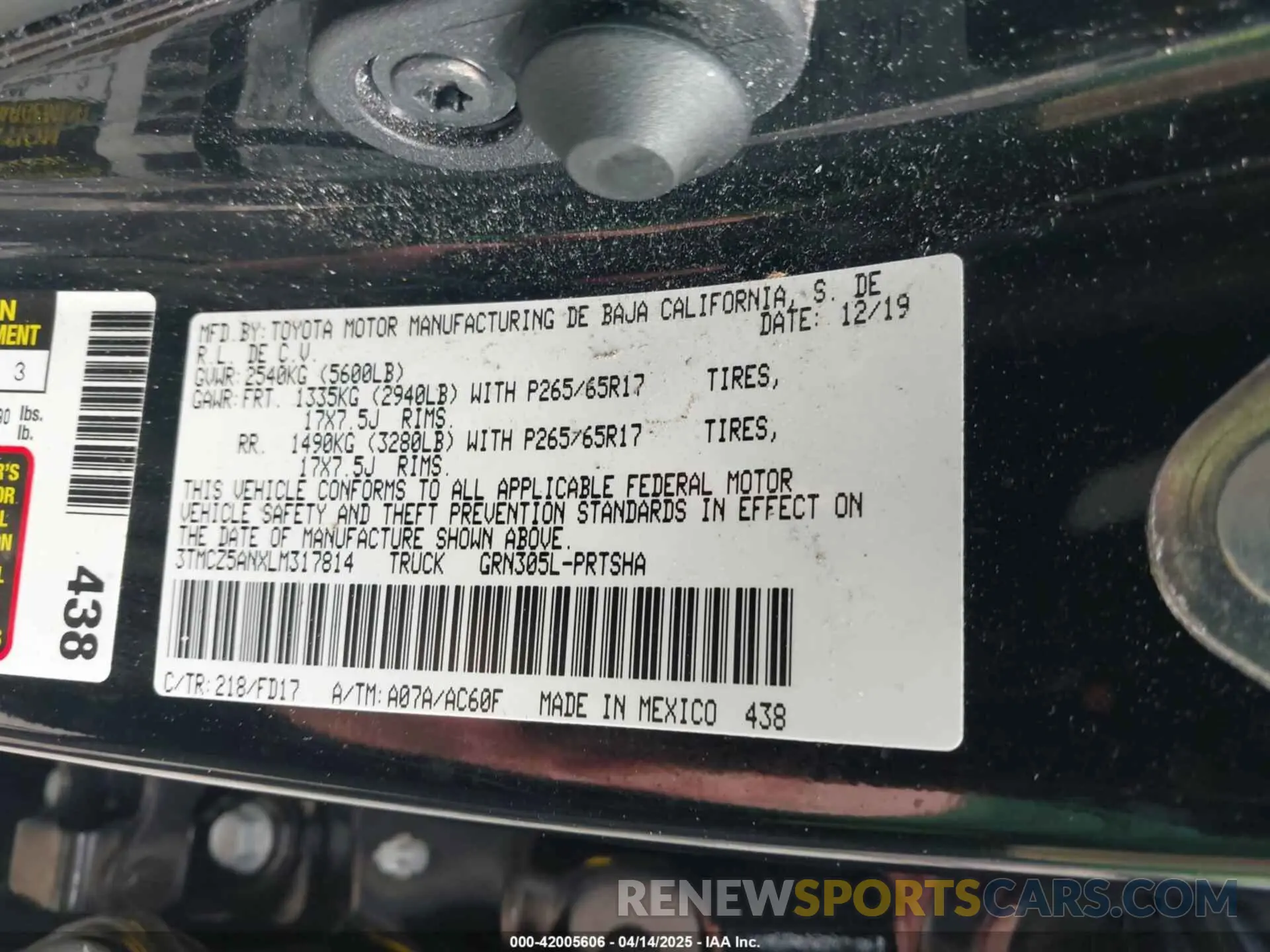 9 fotografías del automóvil dañado 3TMCZ5ANXLM317814 TOYOTA TACOMA 2020