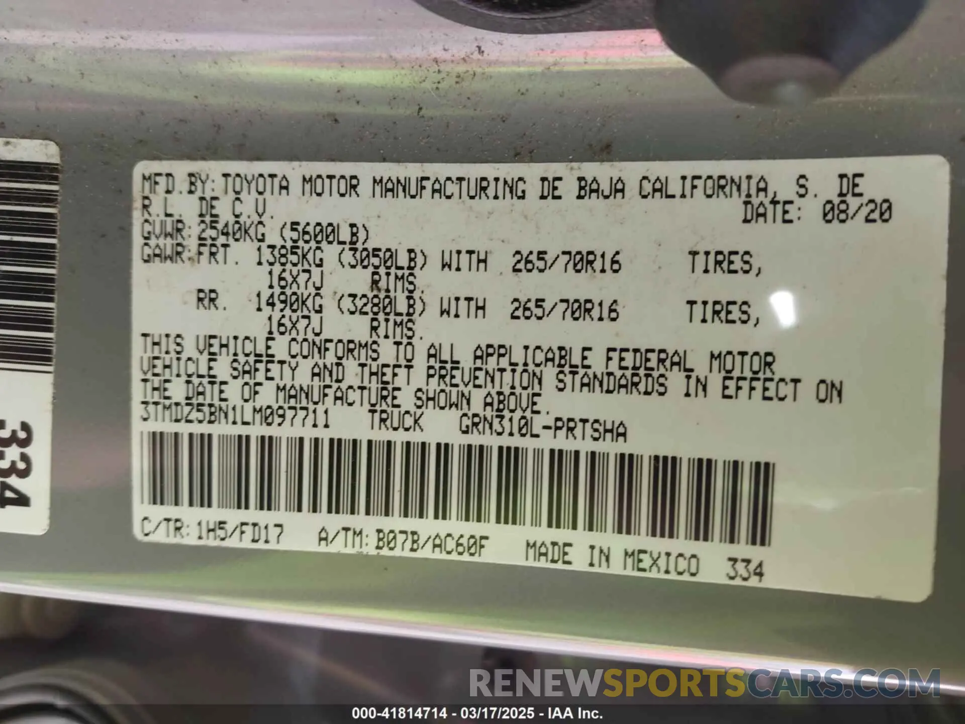 9 fotografías del automóvil dañado 3TMDZ5BN1LM097711 TOYOTA TACOMA 2020