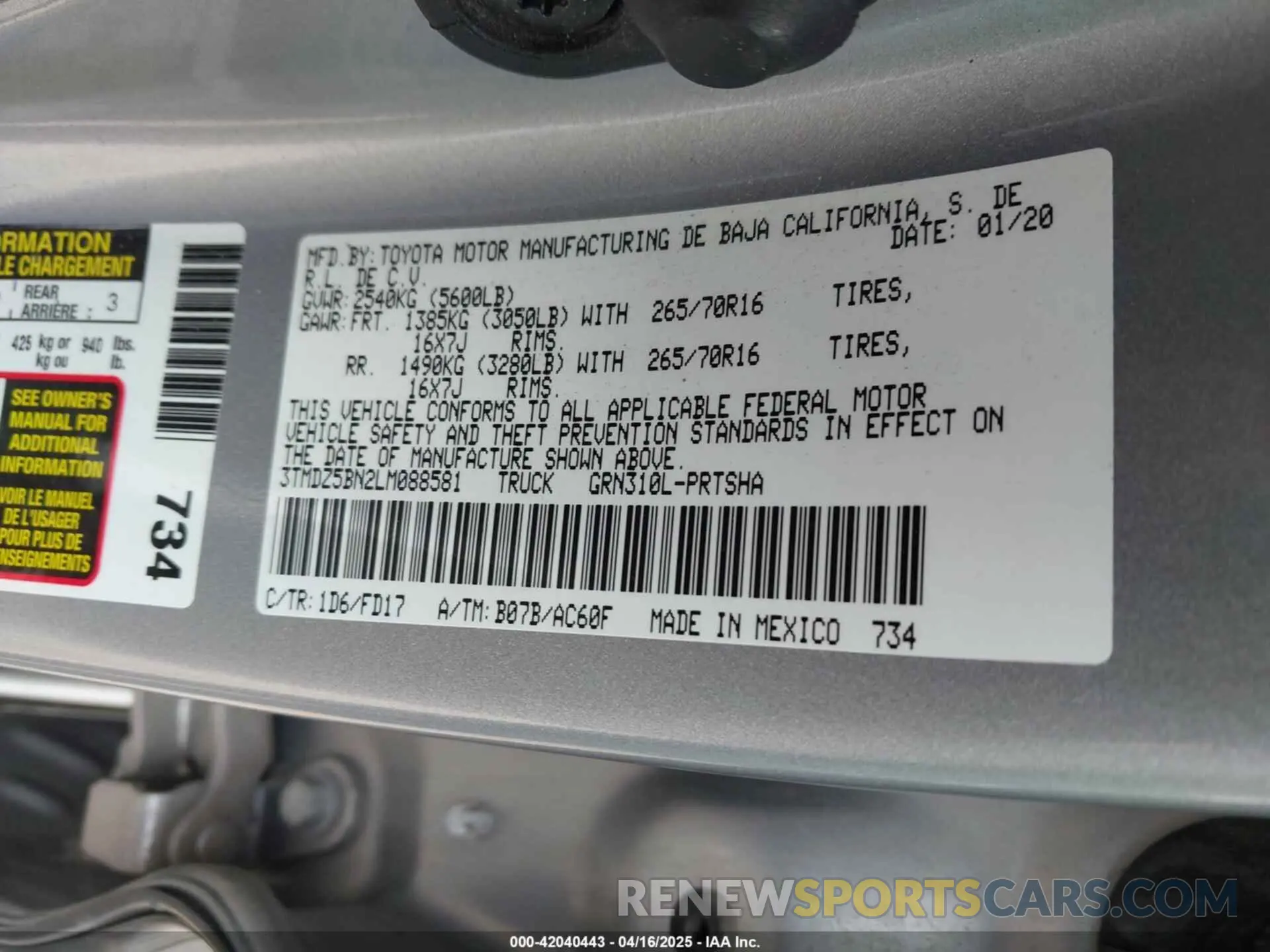9 fotografías del automóvil dañado 3TMDZ5BN2LM088581 TOYOTA TACOMA 2020