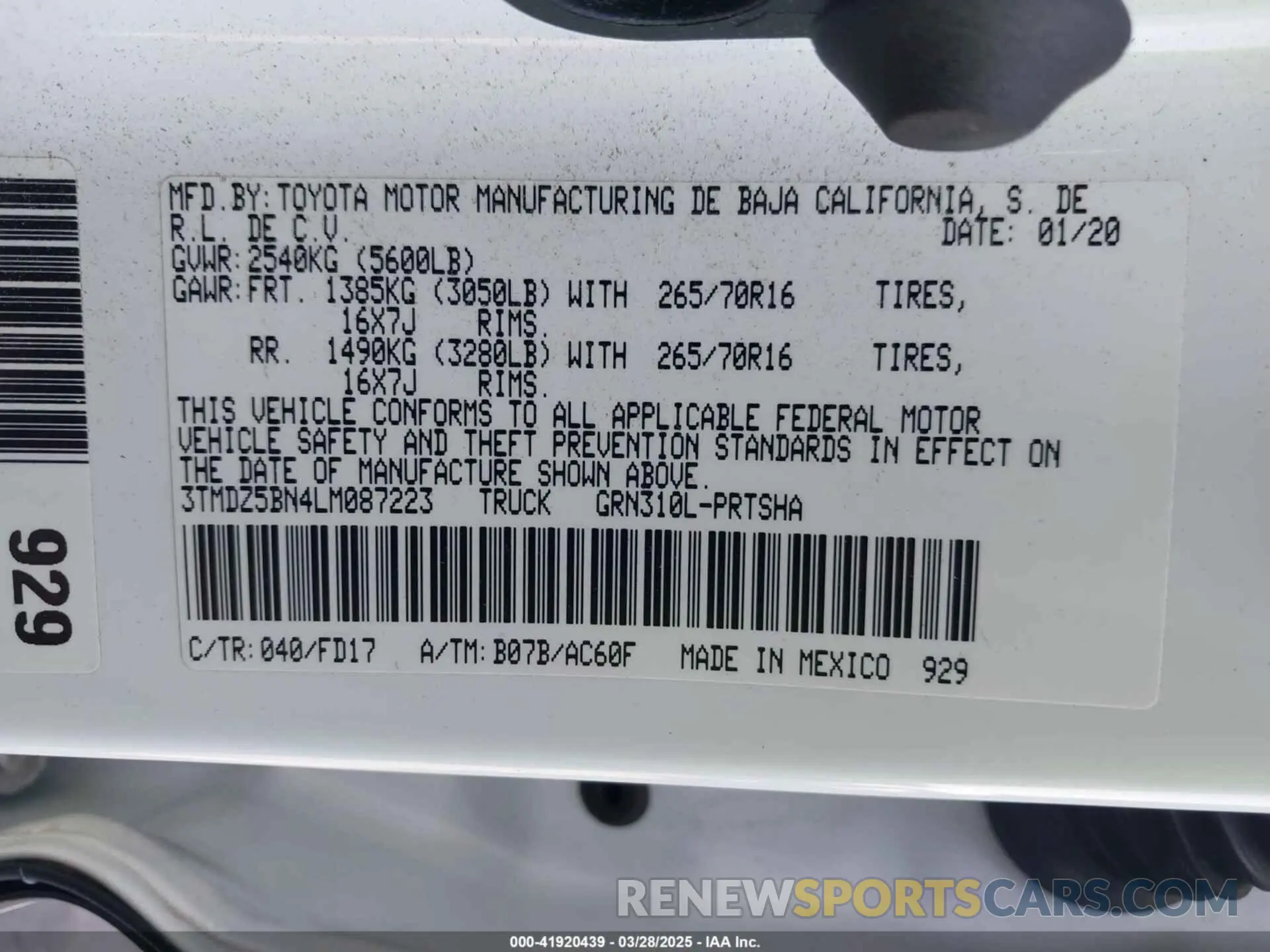 9 fotografías del automóvil dañado 3TMDZ5BN4LM087223 TOYOTA TACOMA 2020