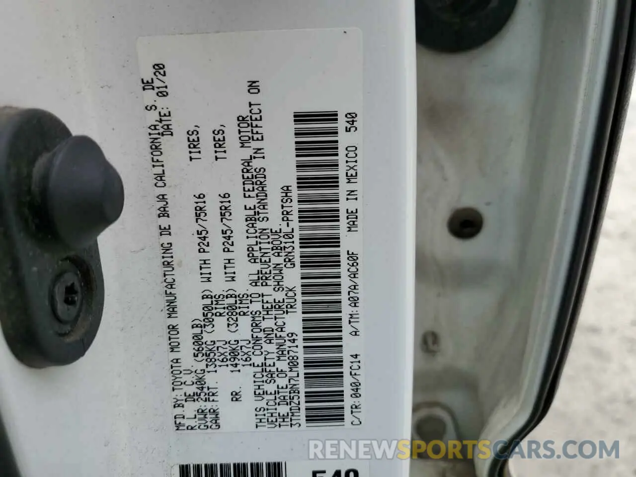 12 fotografías del automóvil dañado 3TMDZ5BN7LM087149 TOYOTA TACOMA 2020