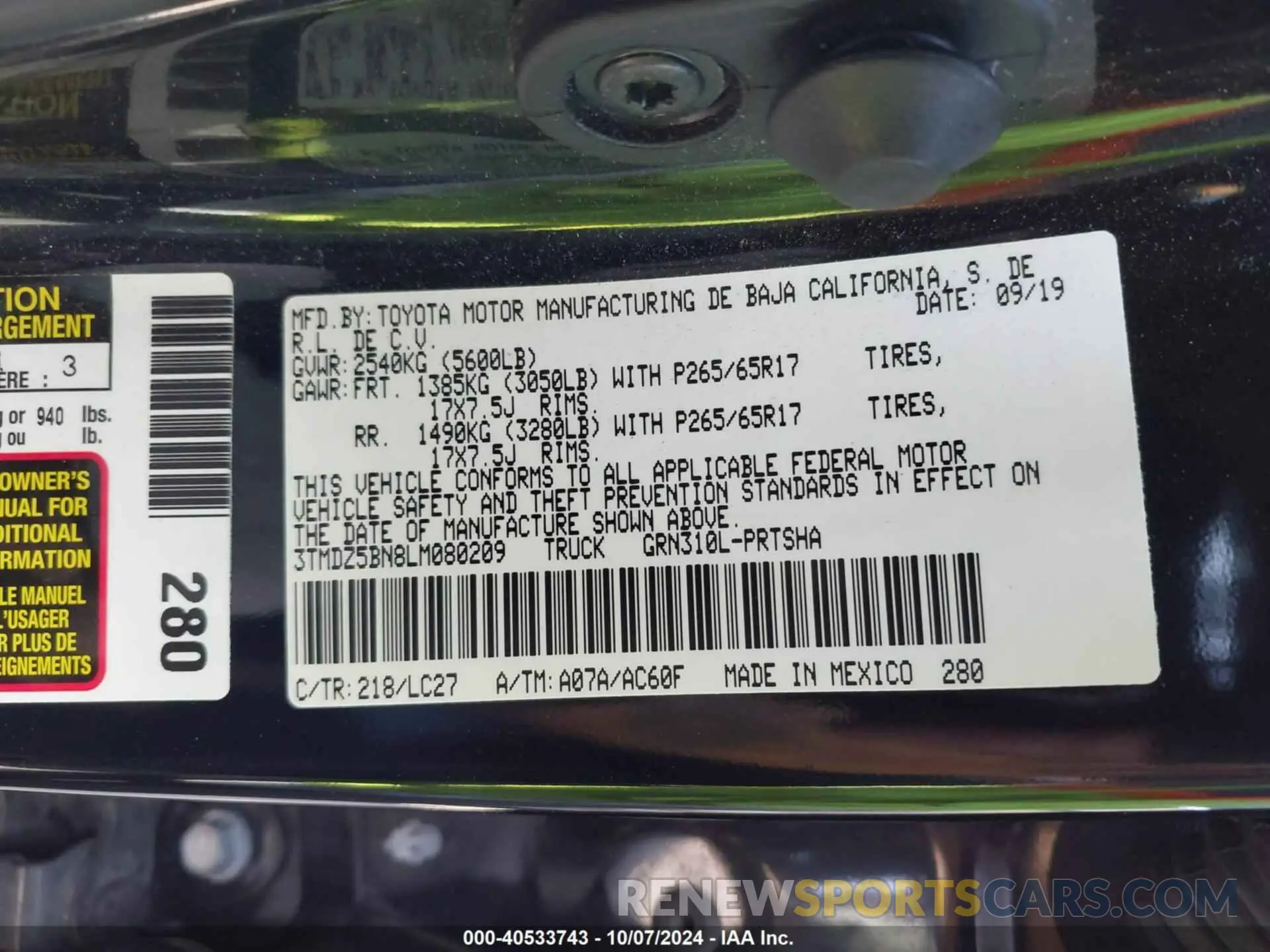 9 fotografías del automóvil dañado 3TMDZ5BN8LM080209 TOYOTA TACOMA 2020