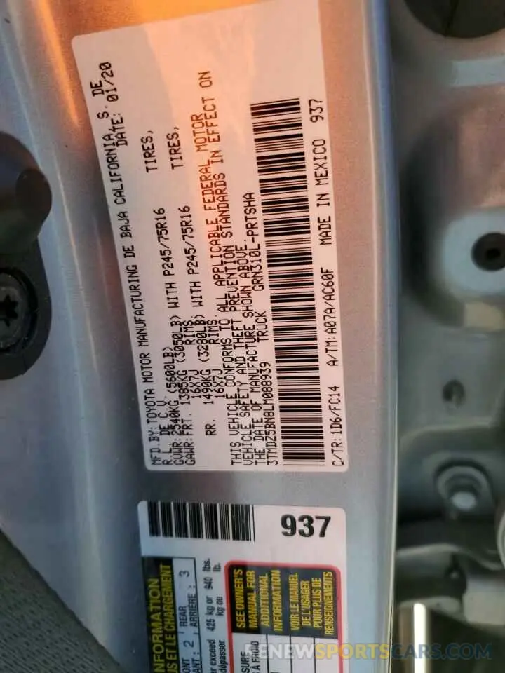12 fotografías del automóvil dañado 3TMDZ5BN8LM088939 TOYOTA TACOMA 2020