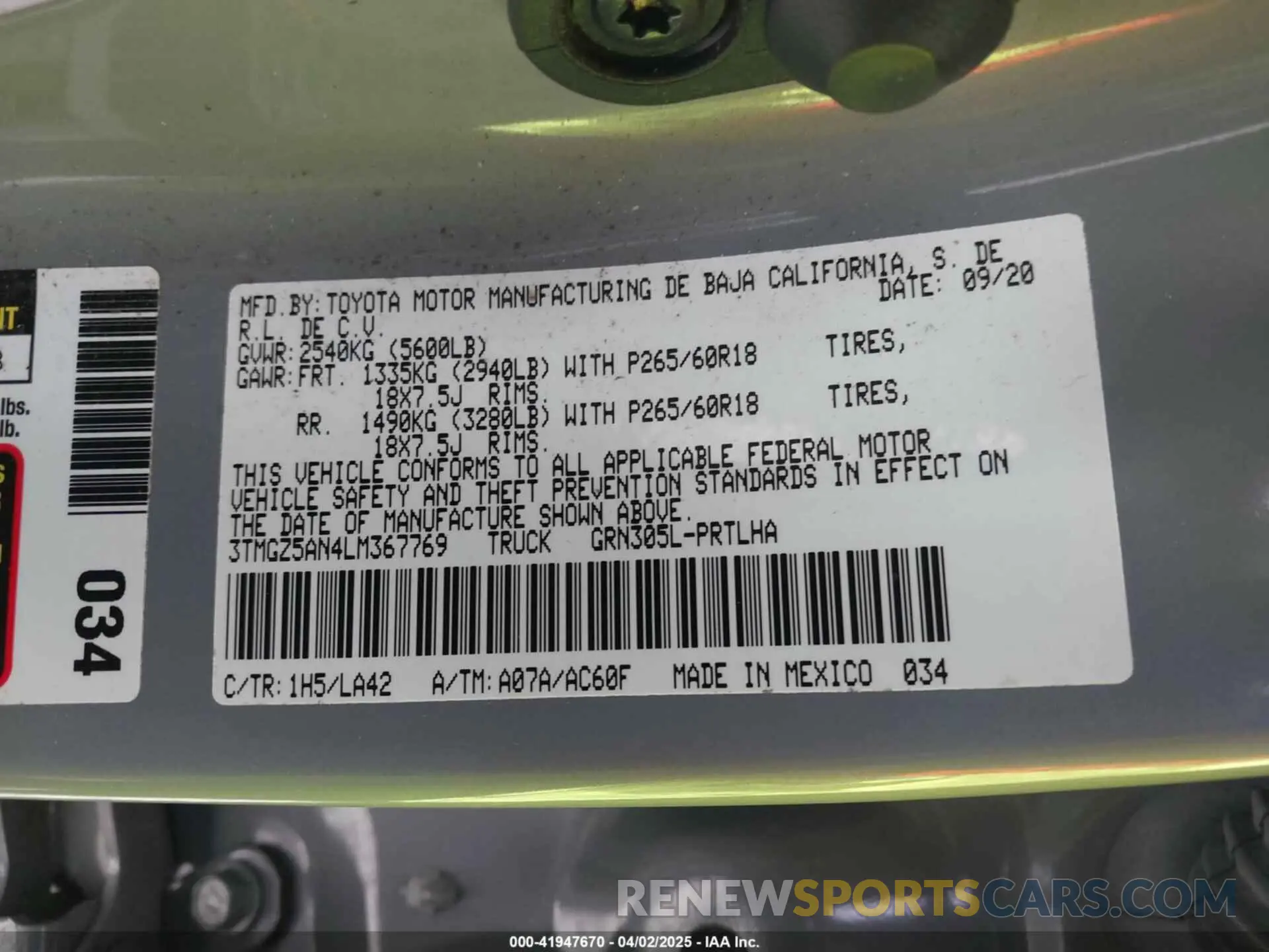 9 fotografías del automóvil dañado 3TMGZ5AN4LM367769 TOYOTA TACOMA 2020