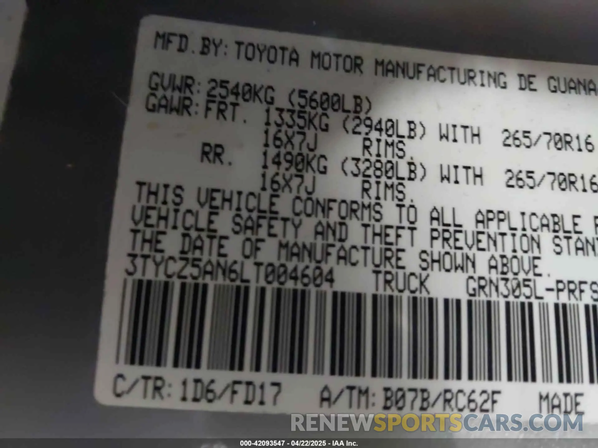 9 fotografías del automóvil dañado 3TYCZ5AN6LT004604 TOYOTA TACOMA 2020