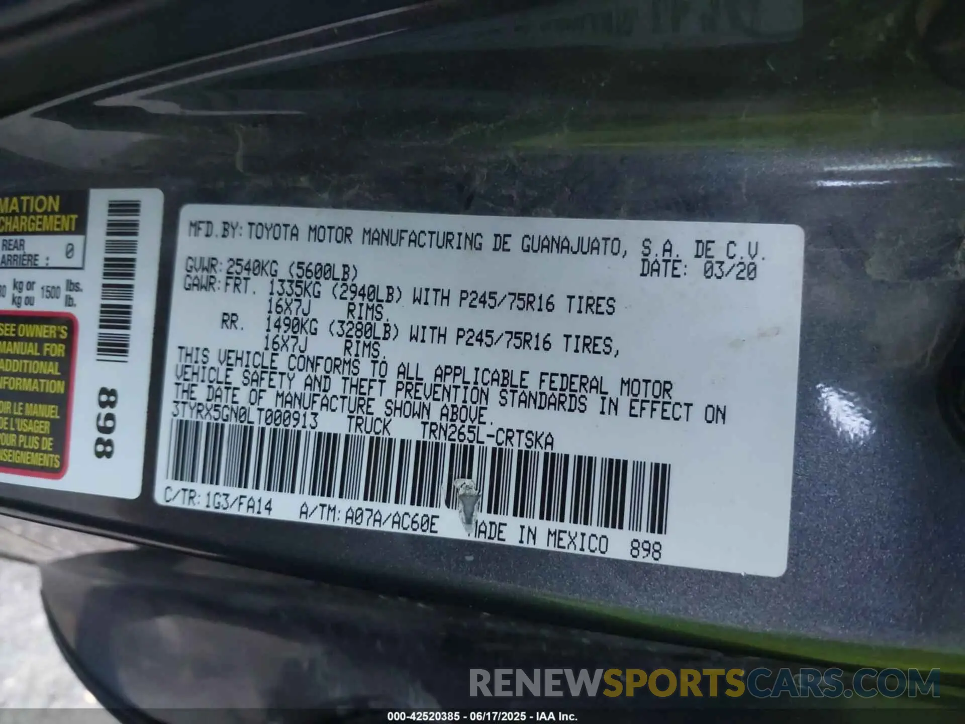 9 fotografías del automóvil dañado 3TYRX5GN0LT000913 TOYOTA TACOMA 2020