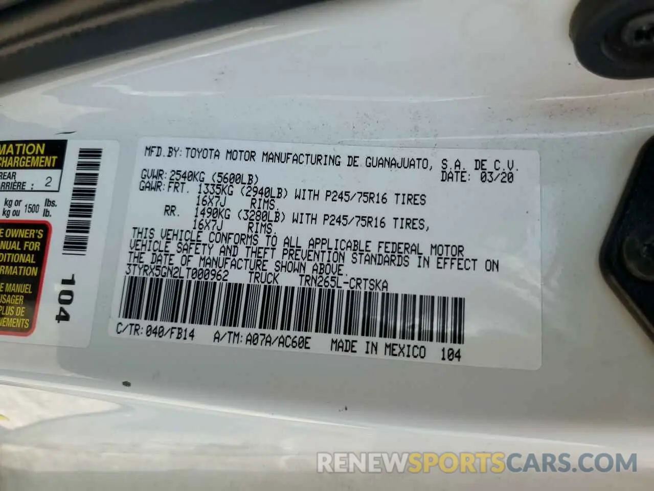 12 fotografías del automóvil dañado 3TYRX5GN2LT000962 TOYOTA TACOMA 2020