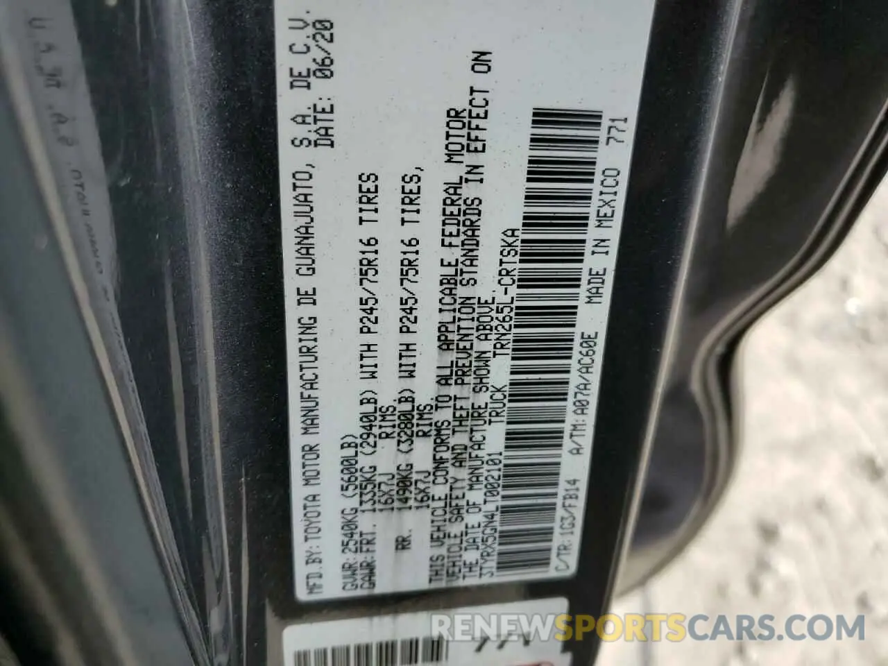 10 fotografías del automóvil dañado 3TYRX5GN4LT002101 TOYOTA TACOMA 2020