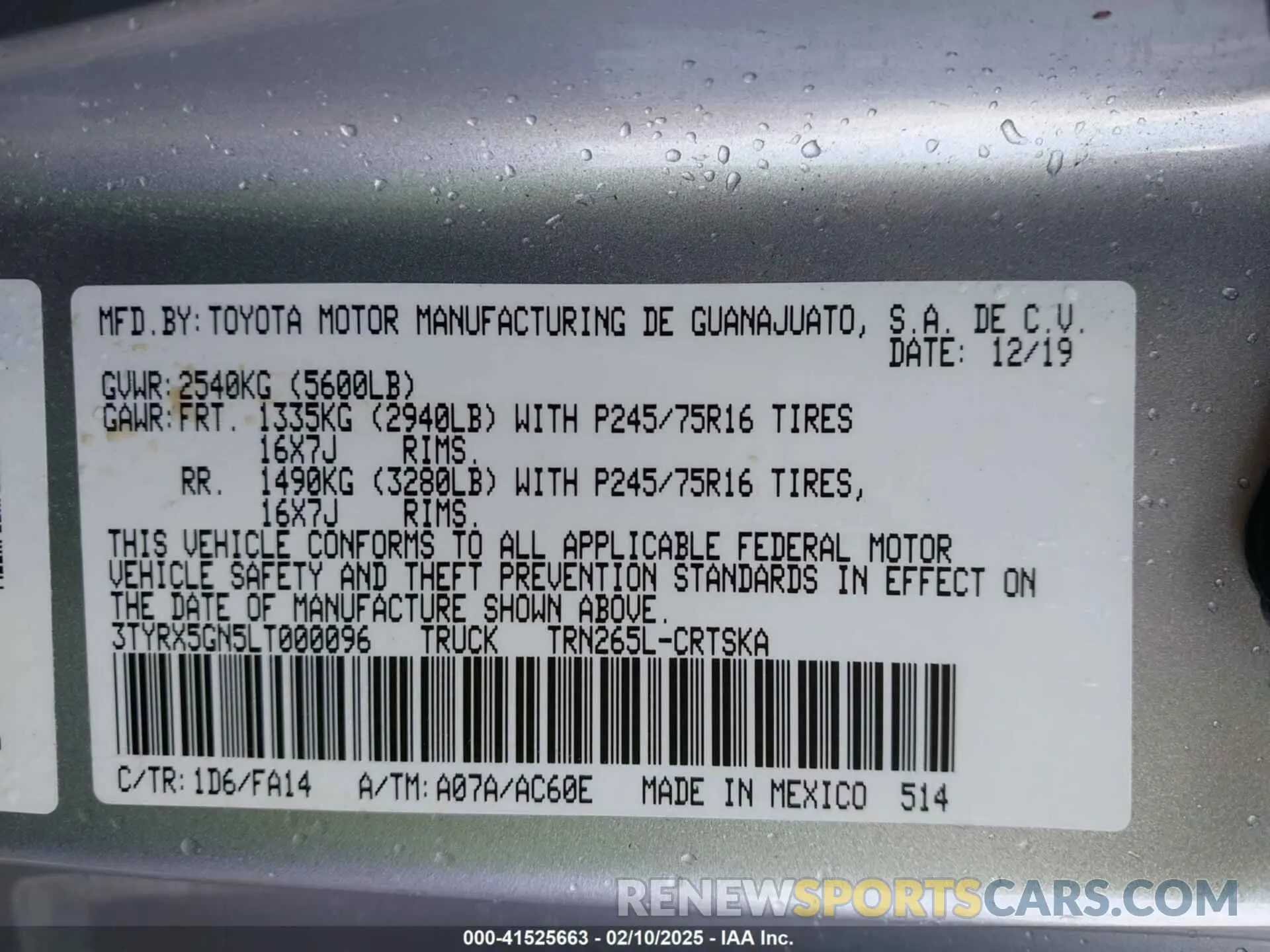 9 fotografías del automóvil dañado 3TYRX5GN5LT000096 TOYOTA TACOMA 2020