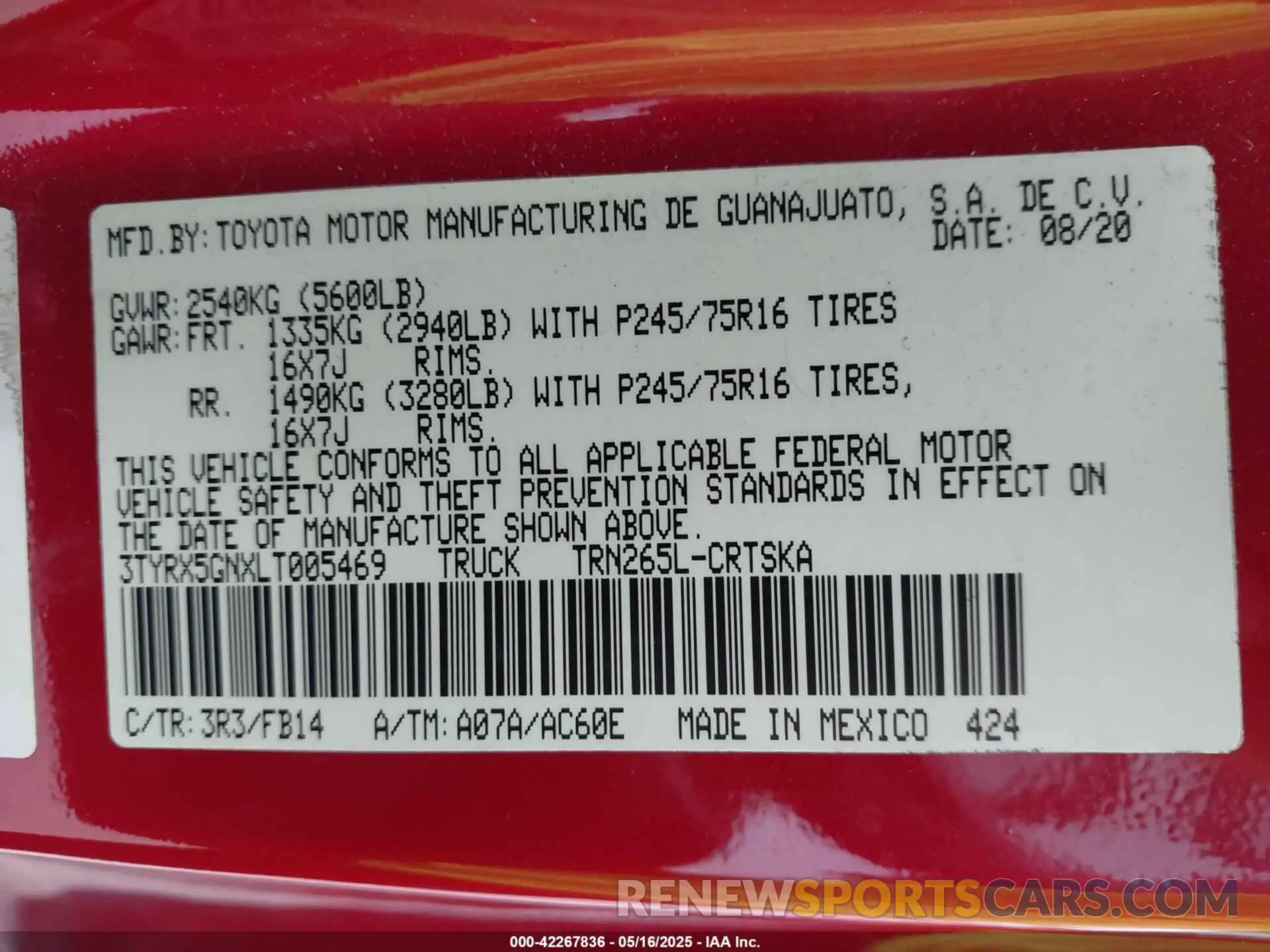 9 fotografías del automóvil dañado 3TYRX5GNXLT005469 TOYOTA TACOMA 2020