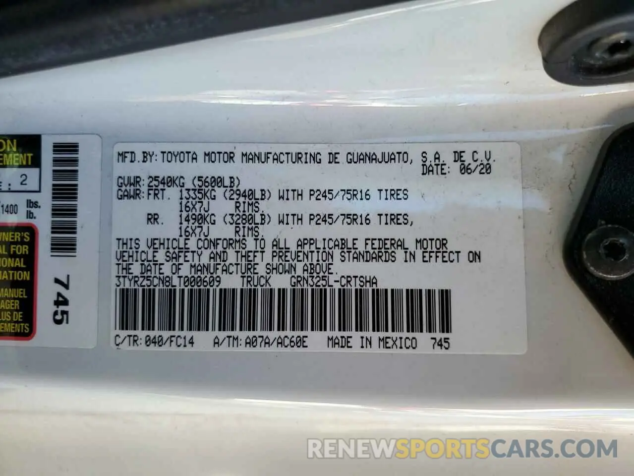 13 fotografías del automóvil dañado 3TYRZ5CN8LT000609 TOYOTA TACOMA 2020