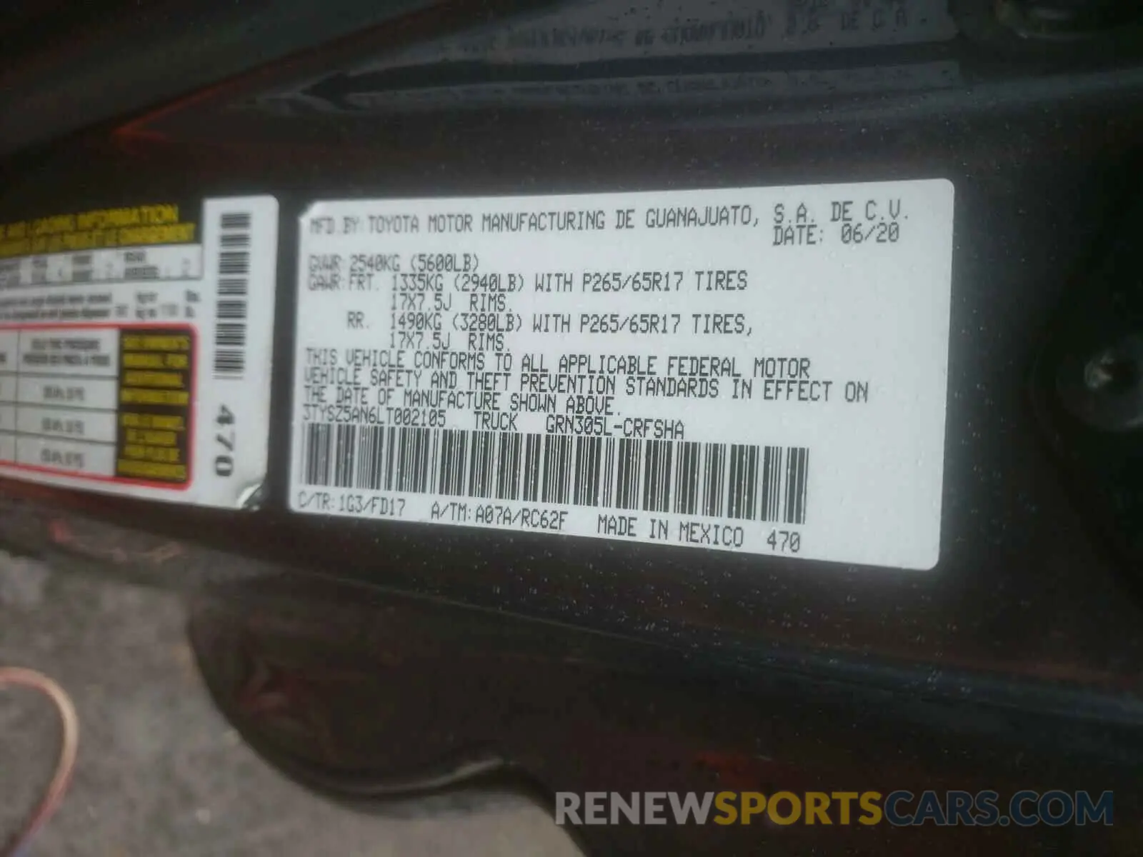 10 fotografías del automóvil dañado 3TYSZ5AN6LT002105 TOYOTA TACOMA 2020