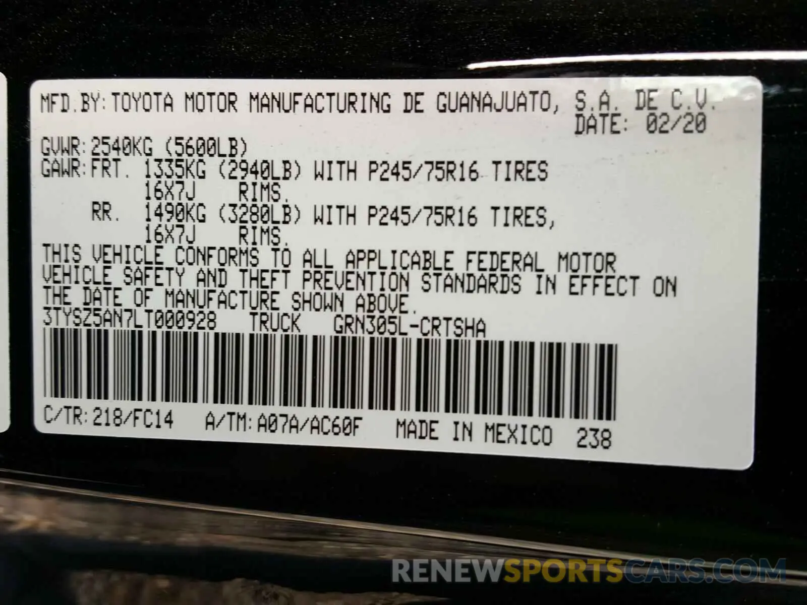 10 fotografías del automóvil dañado 3TYSZ5AN7LT000928 TOYOTA TACOMA 2020