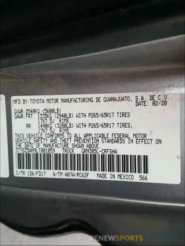 10 fotografías del automóvil dañado 3TYSZ5AN9LT001059 TOYOTA TACOMA 2020