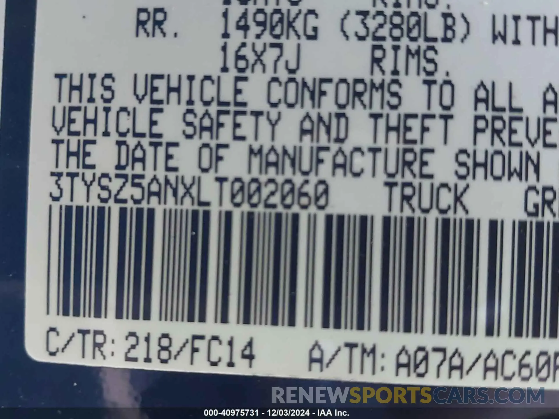 9 fotografías del automóvil dañado 3TYSZ5ANXLT002060 TOYOTA TACOMA 2020
