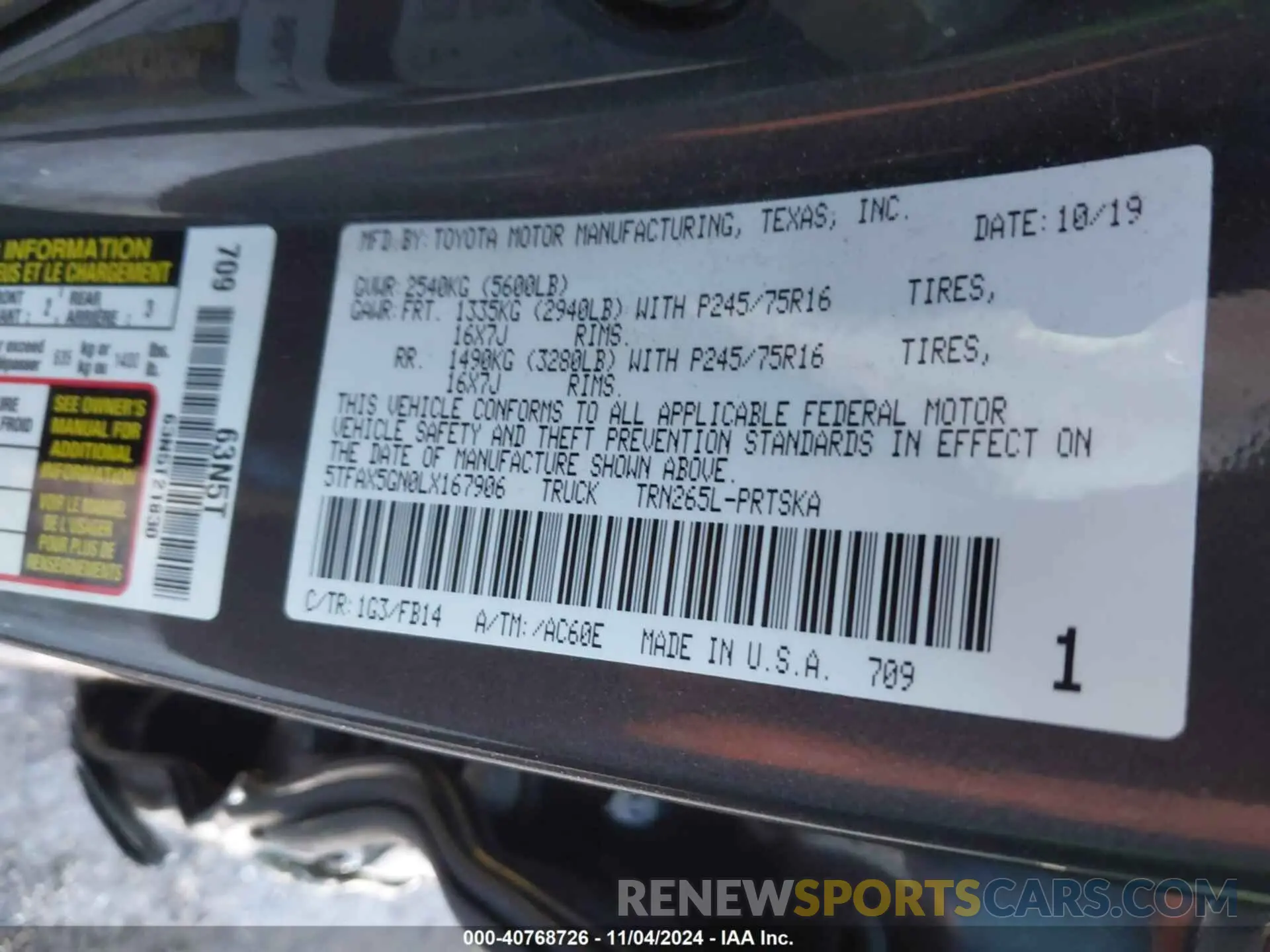 9 fotografías del automóvil dañado 5TFAX5GN0LX167906 TOYOTA TACOMA 2020
