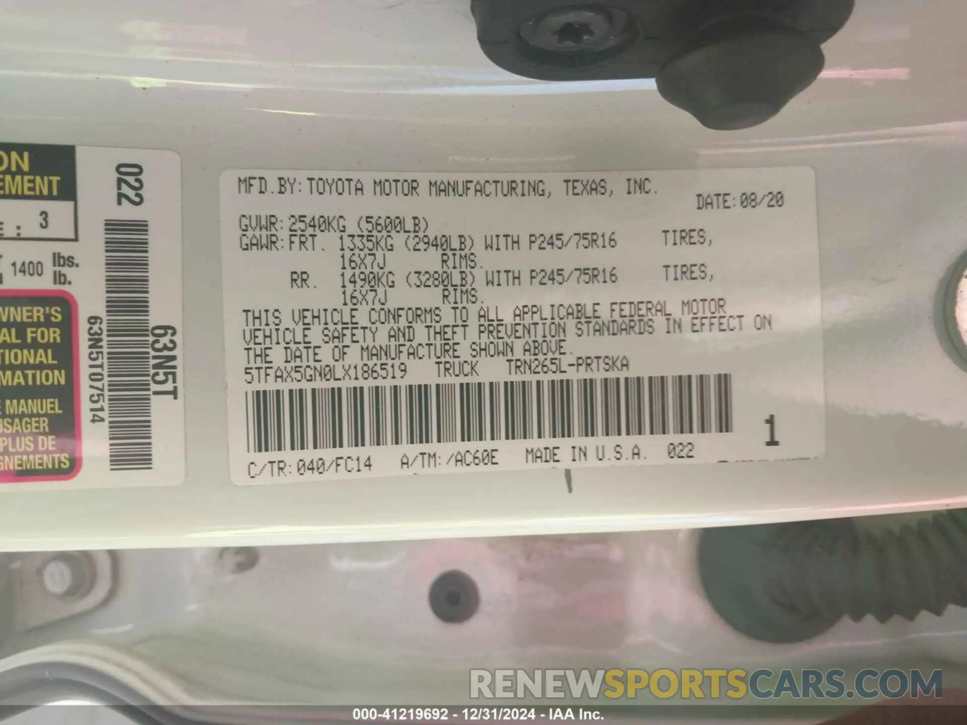 9 fotografías del automóvil dañado 5TFAX5GN0LX186519 TOYOTA TACOMA 2020