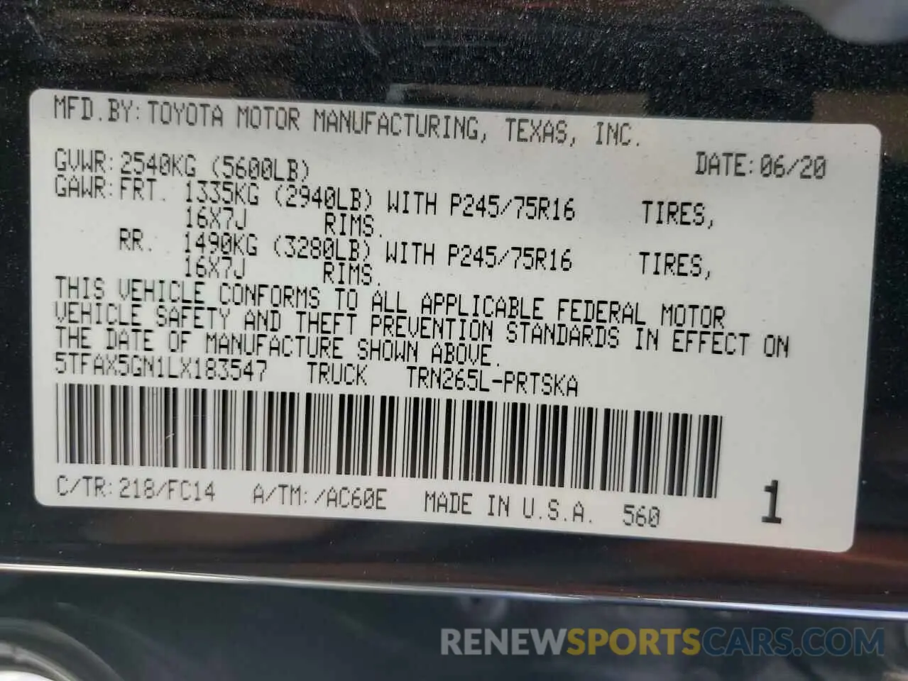 12 fotografías del automóvil dañado 5TFAX5GN1LX183547 TOYOTA TACOMA 2020
